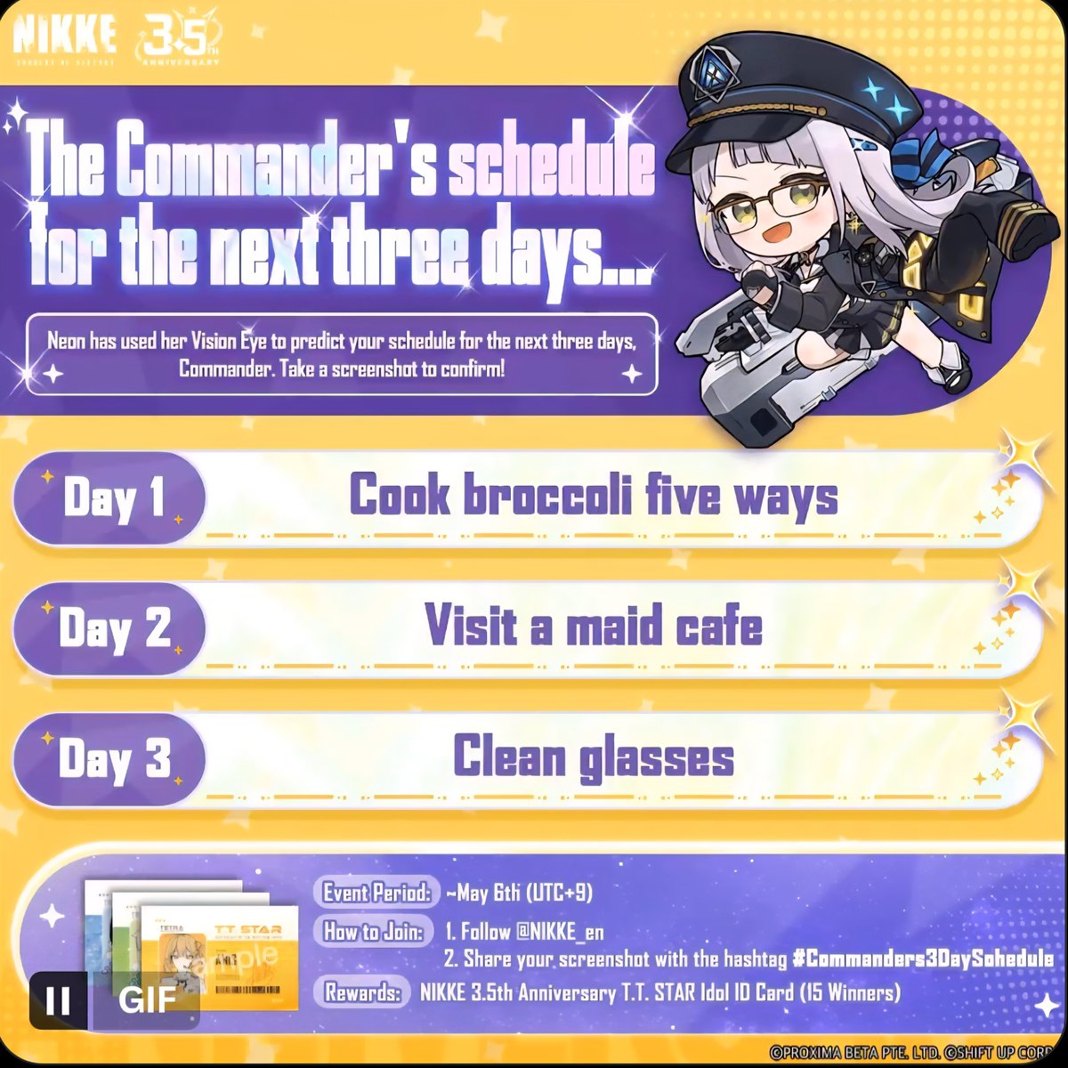 FangorrLoL's tweet photo. @NIKKE_en #Commanders3DaySchedule
Well thats certainly an interesting meal for the first day, thank God I can go to the maid cafe tomorrow for a palette cleanser. https://t.co/yR1CM7jb8N
