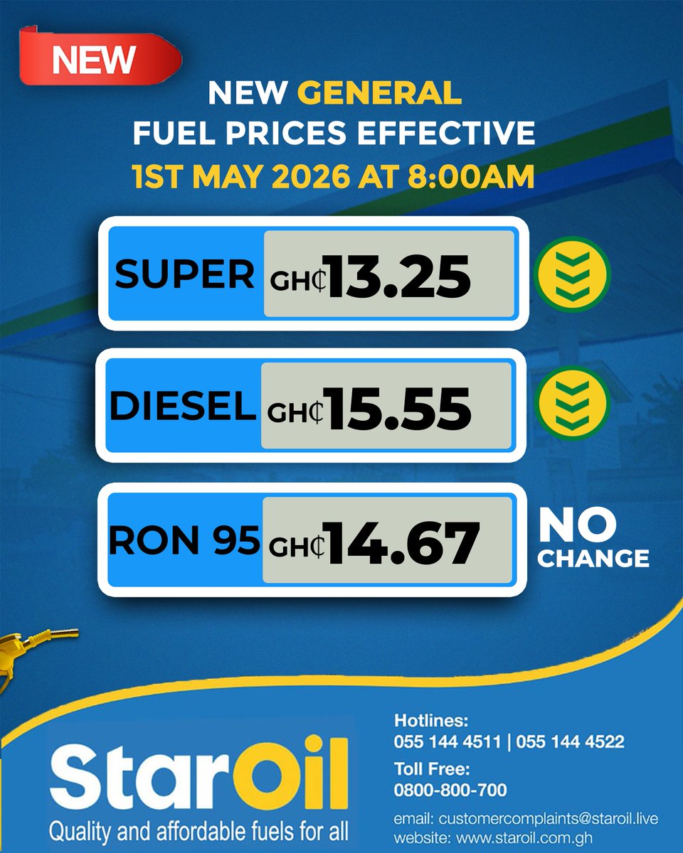 staroilghana's tweet photo. Dear Starsavers,

Please take note of our revised fuel prices, effective 1st May 2026 at 8:00 AM.

We remain committed to providing you with quality and affordable fuels across our stations nationwide.

Keep saving!

#EveryDropCounts
#QualityYouCanAfford
#StarOilGhana
#IamAStarSaver