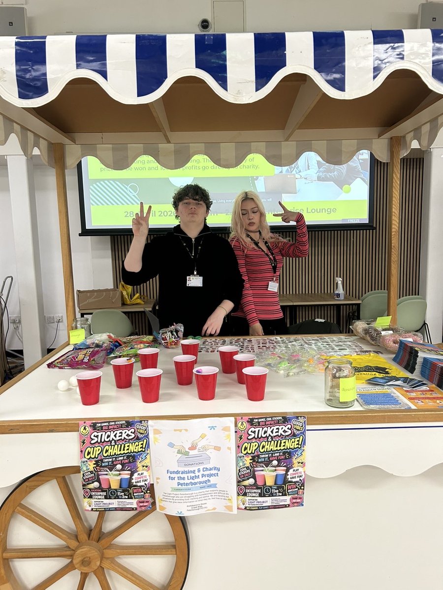 lightprojectpb's tweet photo. A big thank you to Sam &amp; his fellow business student group at @PboroCollege who raised £55.21 &amp; awareness of LPP through hosting an enterprise marketplace at college.

Teams ran independent stalls with Sam &amp; his group selling stickers &amp; offering games of cup pong.

Thank you! 💛 https://t.co/i0pCRSBOrC