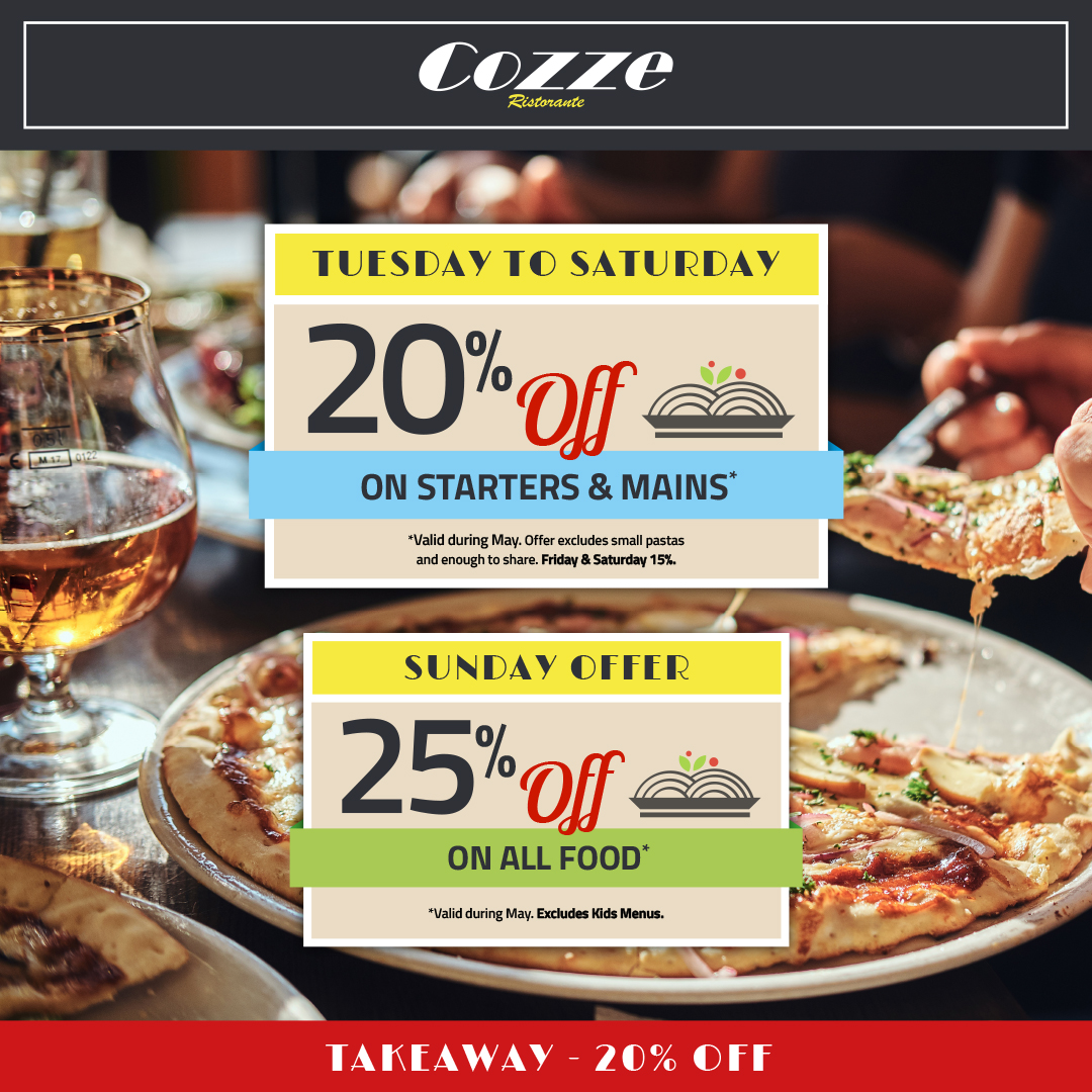 CozzeRestaurant's tweet photo. May just got a whole lot tastier 🇮🇹

👉 20% OFF starters &amp; mains (Tues – Sat)
👉 Sundays = 25% OFF ALL food
👉 Get 20% OFF click &amp; collect takeaways
T&amp;Cs apply. https://t.co/zsOvzjv2nh

📍 Pangbourne: 0118 984 5858
📍 Woodley: 0118 927 2581 https://t.co/eHDa1YcE95