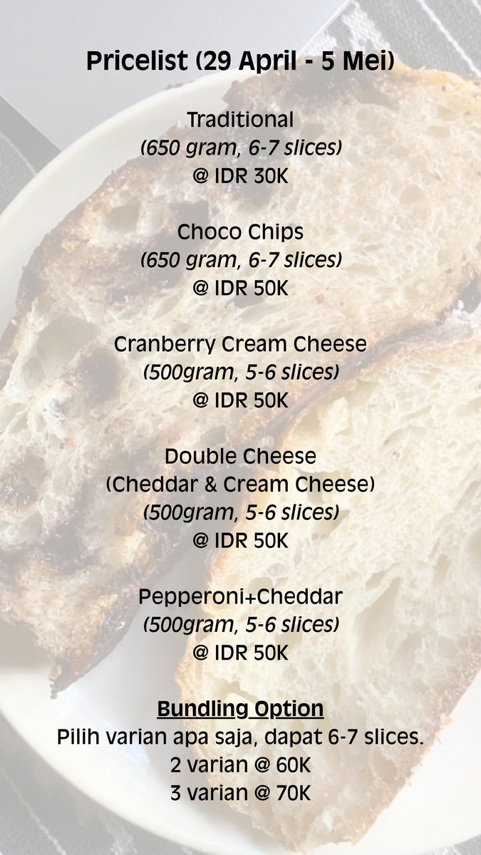 _93degree's tweet photo. Halo~

Kali aja temen2 di sini ada yg mau nyobain sourdough. Ini full sourdough ya, no ragi instant/dairy/telur di rotinya. Fillingnya banyak dairy options, tp ada juga yg lain~

Kebetulan masih ada available bundling buat weekend ini, cocok buat yg mau nyobain macem2 rasa.

Available bundling:
Double Cheese
Pepperono+Cheddar
Cranberry Cheesecream

Kalo mau full loaf aja juga bisa, full pricelist di gambar terakhir. Boleh DM ke sini/IG pribadi aku/mention 🫶