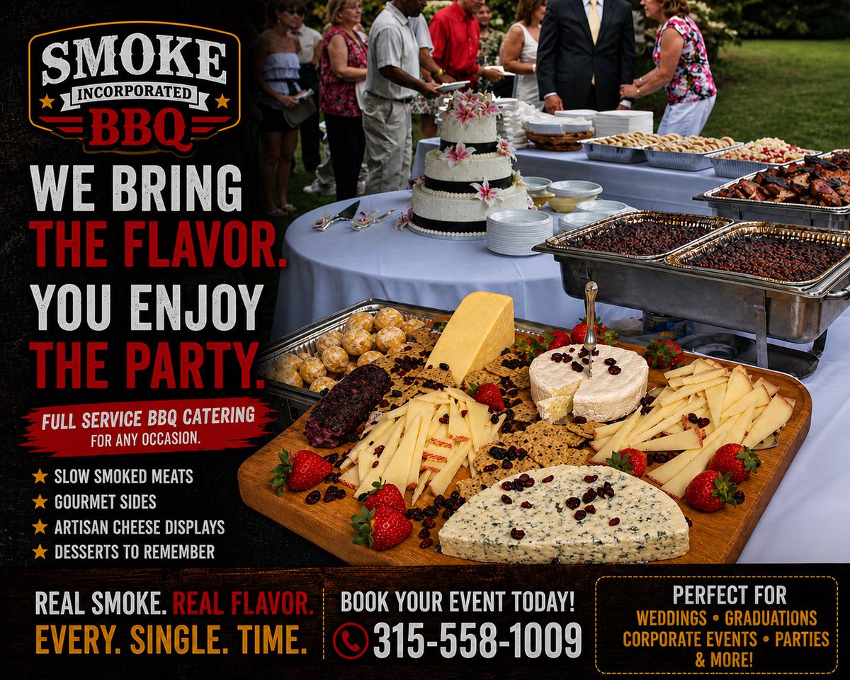 smokeincbbq's tweet image. 🔥 Full service. Zero stress.

Smoke Incorporated BBQ handles everything—smoked meats, sides, setup. You just enjoy it.

📞 315-558-1009

#SmokeIncorporatedBBQ #Catering #BBQ
