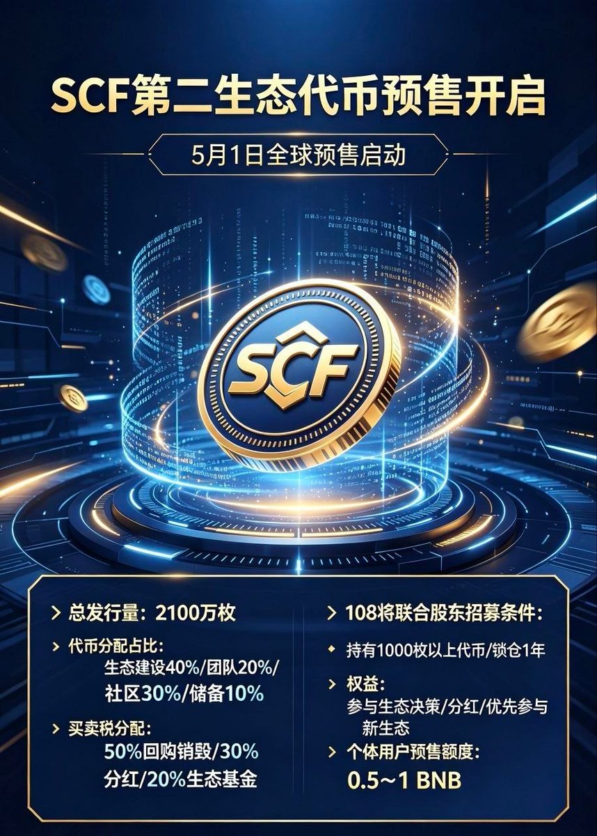 各位新老会员： 重磅消息！SCF第二生态代币将于5月1日正式开启预售，全面对接市场！ SCF总发行量2100万枚，每一枚皆有清晰归属： · ...