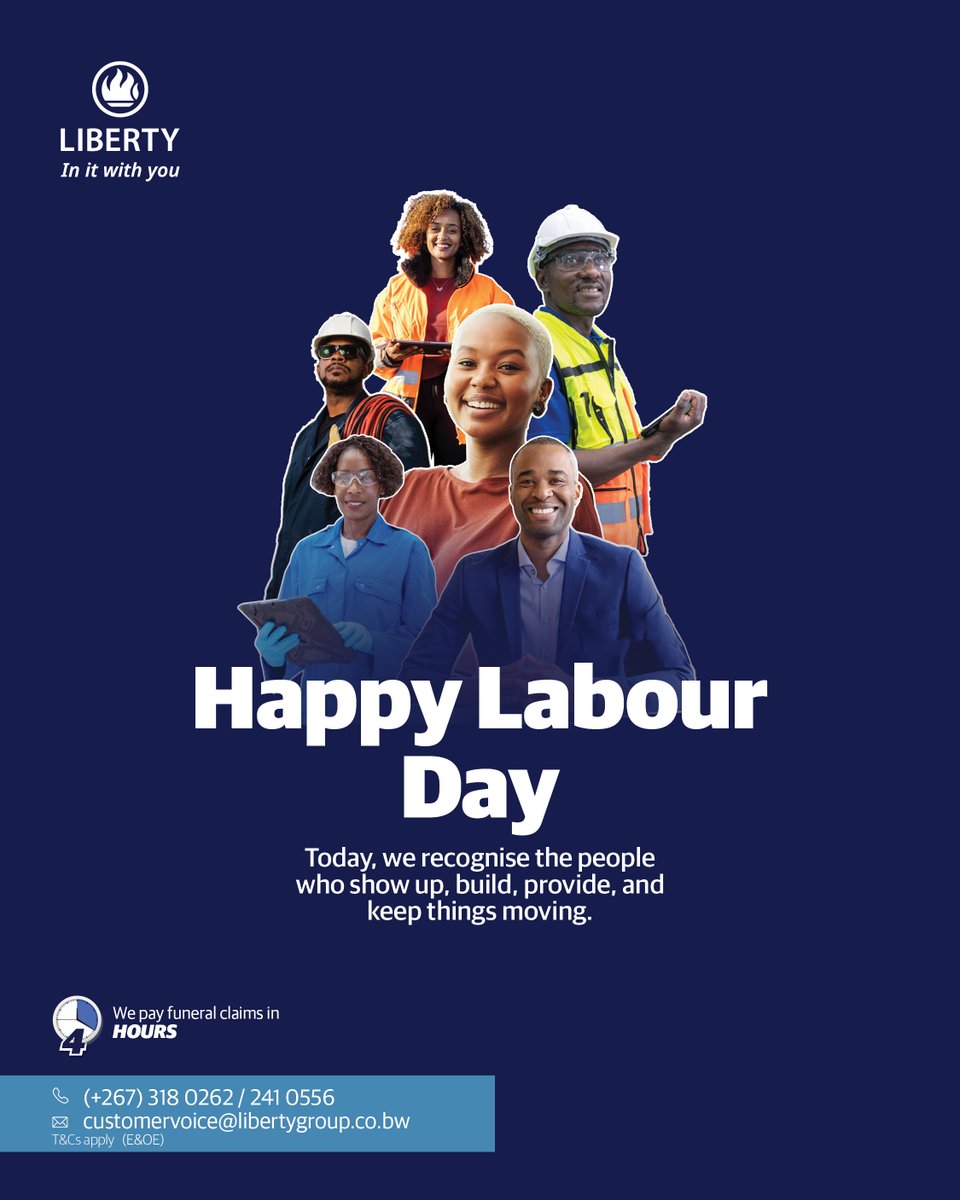 LibertyLifeBw's tweet photo. Today, we honour the contributions, dedication, resilience and hard work of all employees.

#LibertyLifeBotswana wishes you a safe and well rested #LabourDay!

#InItWithYou https://t.co/yZnf8z0Tbz