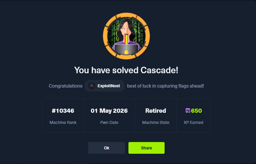 ExploitNest's tweet photo. Pwned Cascade (HTB) 💥

Recovered creds via LDAP → SMB access → found TightVNC password → got shell → dumped &amp; decrypted creds from SQLite → abused AD Recycle Bin to recover deleted admin creds → root access 🔥

#HackTheBox #AD #Pentesting #CyberSecurity https://t.co/TYapvmx6s0