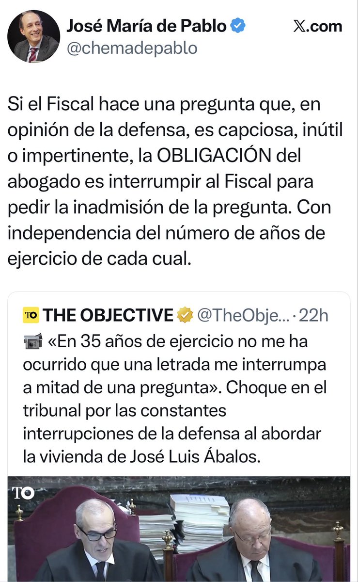 🚨🚨Un consejo a los nuevos abogados y fiscales que me sigan y me lean. No; no es como dice este señor. Es y debe ser justo al revés. Ni los abogados, ni el Fiscal deben interrumpirse para pedir la inadmisiòn de una pregunta, sino hacerlo cuando la misma haya sido formulada.