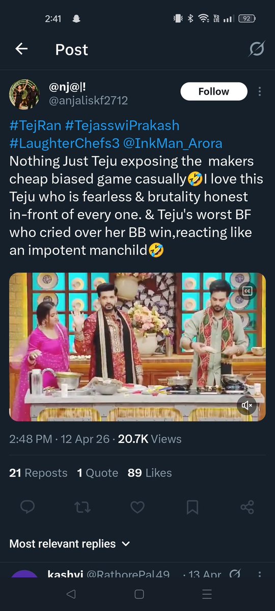 Shining60268706's tweet image. I hv seen Teju also kick him, slap him on LC that too infront of public &amp;amp; nobody complain #tejasswiprakash fans called teja Savage when she told kk is cheater in. Cooking in bharti vlog also in ep teja insult kk then she is honest #tejatroops tweet that #tejran #karankundrra