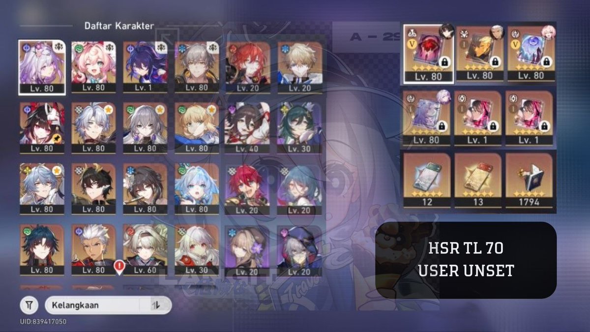_drysx's tweet photo. WTS
HSR TL 70
USER UNSET - NO MINUS
→ archer signature 
→ castorice signature
→ blade
→ cerydra
→ danhengPT 
→ firefly
→ ruan mei e1
→ phainon
→ saber
→ seele
→ sparkle
→ sunday
→ 4 standar
→ 2 lc standar
→ 1 lc su
→ rate on 

Harga 200k https://t.co/y8bCMJyWzq