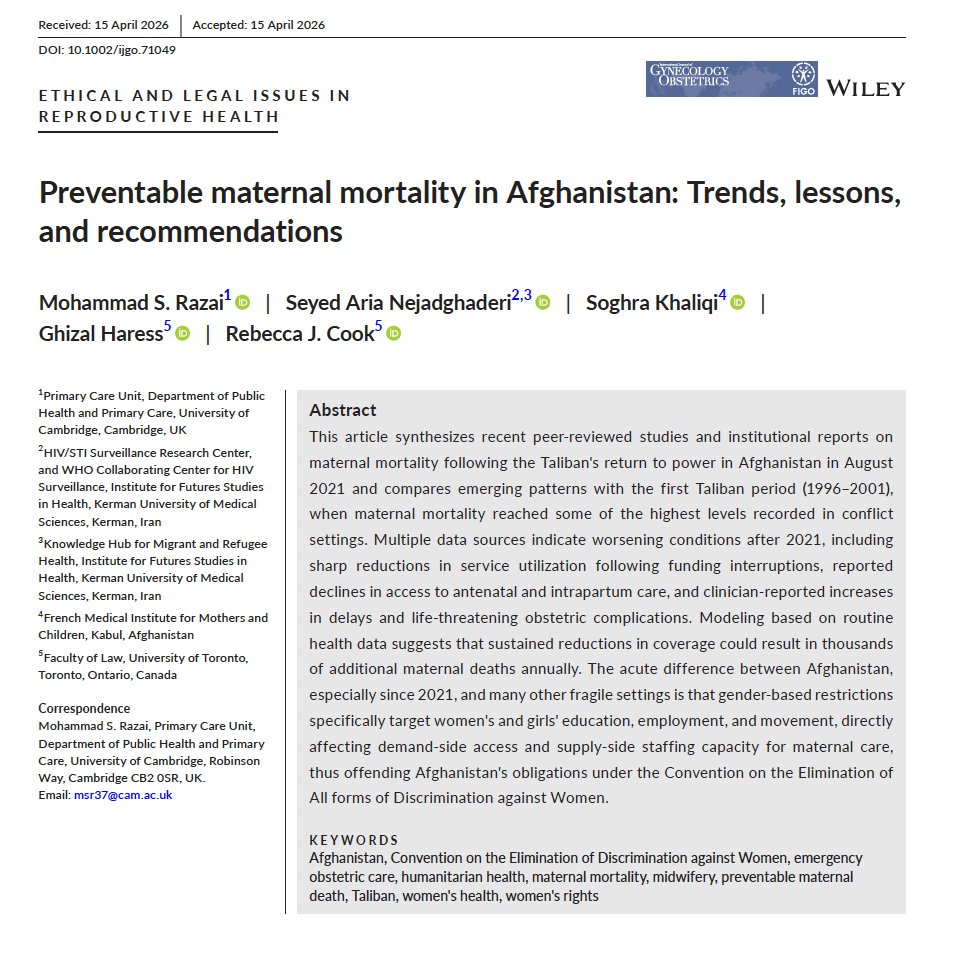 MohammadRazai's tweet image. Our new article in the International Journal of Gynecology &amp;amp; Obstetrics.

Maternal survival depends on access, workforce, and rights. 

 #GlobalHealth #Afghanistan #WomensHealth #HumanRightsForAll 

obgyn.onlinelibrary.wiley.com/doi/10.1002/ij…
