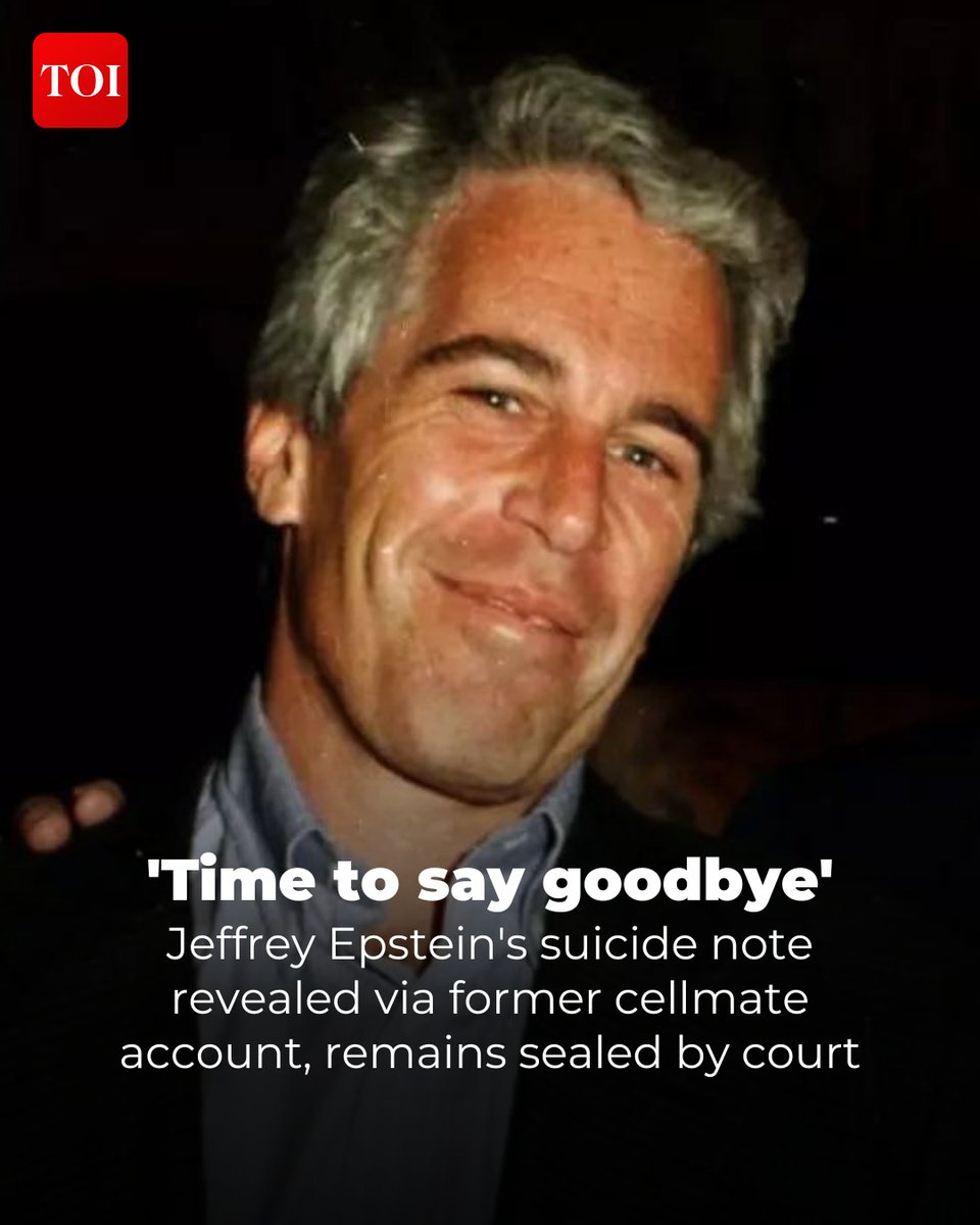 timesofindia's tweet image. Disgraced financier #JeffreyEpstein wrote a note before his death in 2019 while in custody at a federal jail in #NewYork City, according to a new report. The note has not been made public and remains sealed by a judge.

Details here 🔗toi.in/JZk_Wb
#Epstein #USA