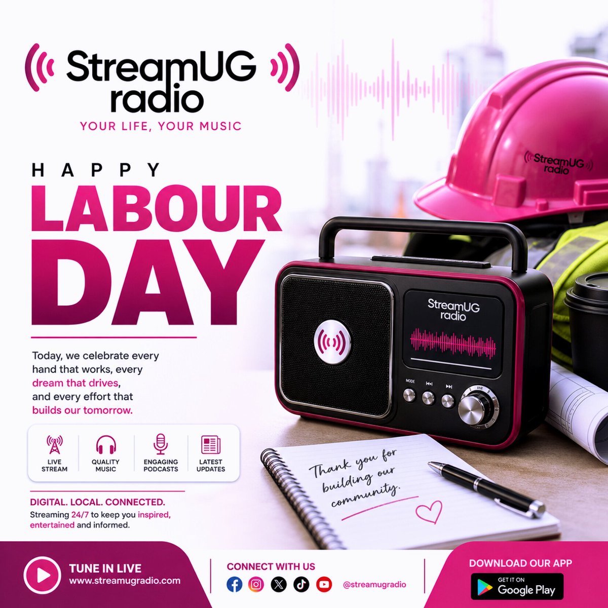 StreamUGRadio's tweet image. To every hard worker out there — we see you, we salute you 🙌🏾
Keep grinding, we’ll keep you entertained. 🎶
#HappyLabourDay #StreamUG