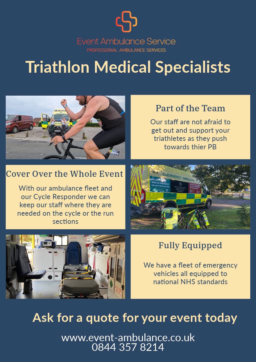 Event_Amb_Serv's tweet photo. We just added another Triathlon to our portfolio with an old customer returning. 

Experienced staff, cold water immersion system, wide area communication and an organisers link to a special event screen off our CAD/ePCR system showing what’s happening in real time https://t.co/pN3fQTGHpN