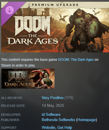 Tycerax's tweet image. This is the two week notice for the #Doom: The Dark Ages DLC Absence Anniversary!!!

On May 14th, the Premium Upgrade that should've had a Campaign DLC will reach the anniversary, without the DLC even having a release date...

Oh and the pack costs 35USD / 50CAD...
