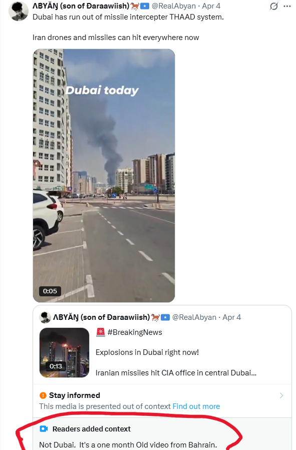 AlexiaNoel94927's tweet photo. @RealAbyan 4/13 @RealAbyan wasn't new to this. Previously flagged and had posts removed for spreading fake videos allegedly from #Dubai. Not a first offense. A documented disinformation actor.
#AccountHistory #PatientZero https://t.co/RH9oPpi23P