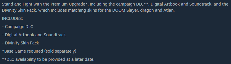 Tycerax's tweet image. This is the two week notice for the #Doom: The Dark Ages DLC Absence Anniversary!!!

On May 14th, the Premium Upgrade that should've had a Campaign DLC will reach the anniversary, without the DLC even having a release date...

Oh and the pack costs 35USD / 50CAD...