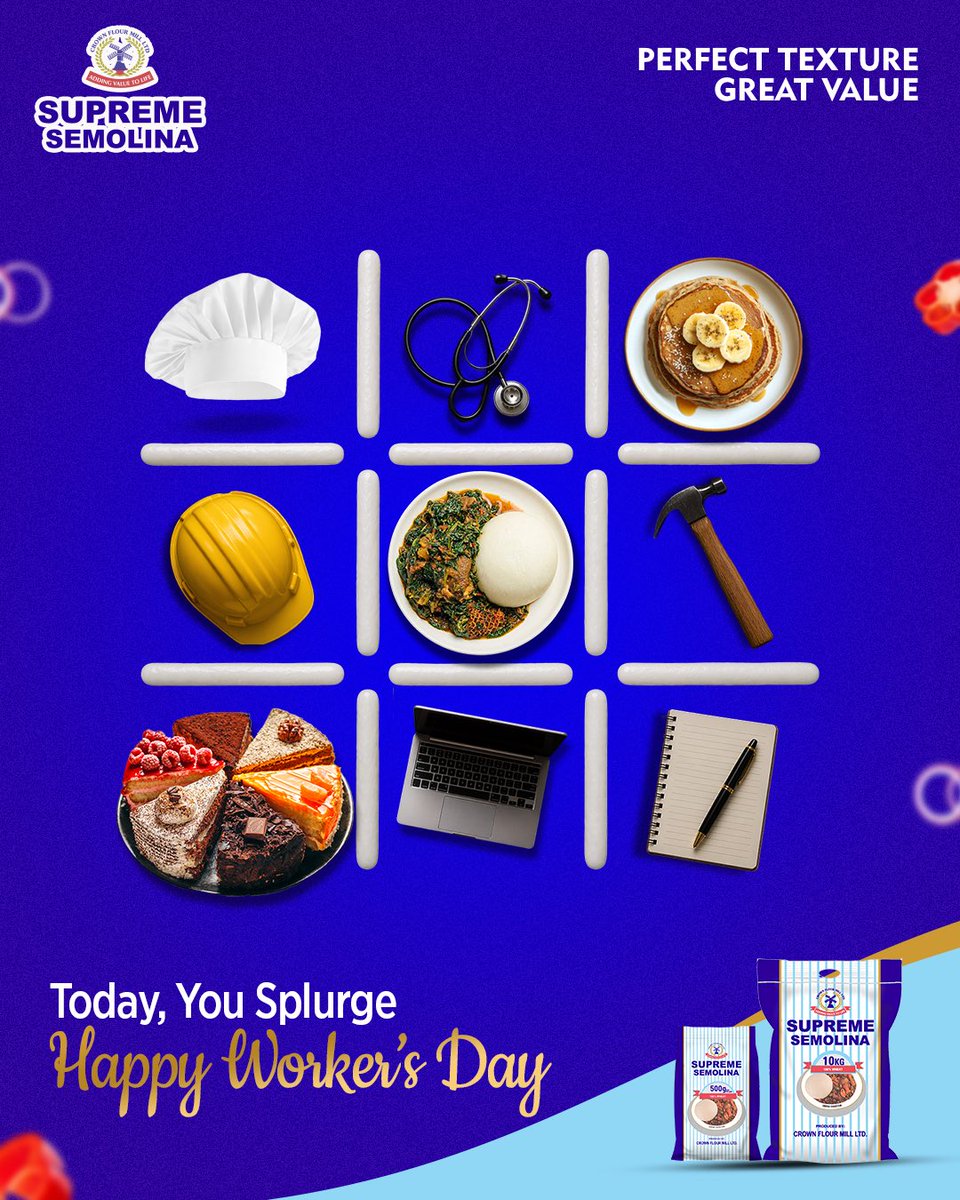 SupremeSemoNg's tweet photo. This Workers’ Day, fill your plates with everything you love… rich, satisfying Supreme Semolina meals and moments that make it all worth it.

Happy Worker’s Day!🎉

#Supremesemolina  #Supremeexperience #Semolina #Nigeria #PerfectTexture #GreatValue #HappyWorkersDay #Splurge https://t.co/FMSjkHOiJv