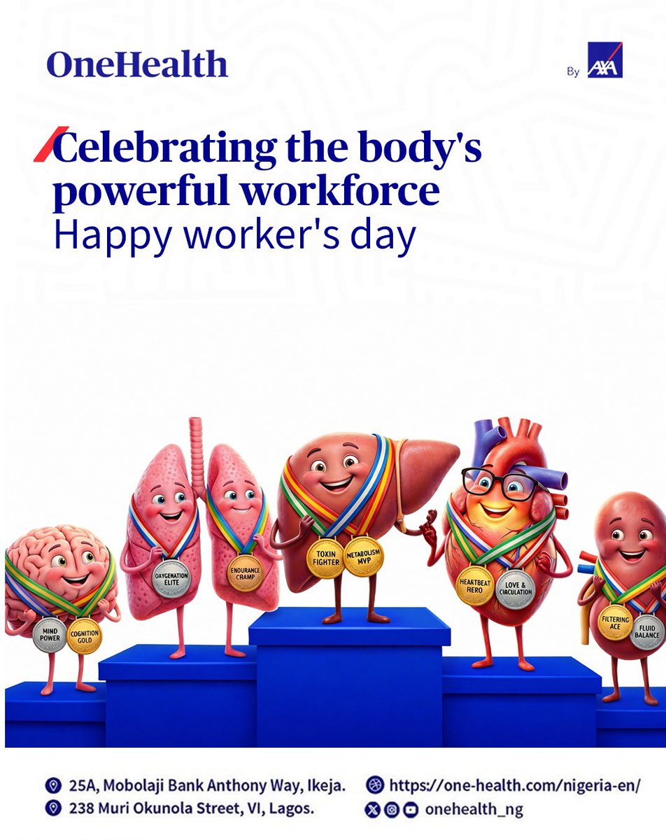OneHealth_ng's tweet photo. Happy Workers Day!

We celebrate all workers today and recognise the role of a healthy body in   your achievements.

Your body parts work hard as much as you do and deserve good care always.

#OneHealthByAXA #happyworkersday #workersday https://t.co/jQVlHugcaQ