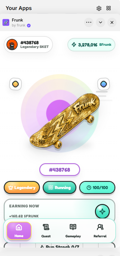 mr_nho93's tweet image. Anh em chơi hệ #farcaster trên #base thì tham gia con Game Ván trượt to Earn  @Frunktoearn  này thử, Thấy nó giống #stepN khi xưa, đặc biệt nó Free nhé anh em. 
Link tham gia: farcaster.xyz/miniapps/9Uh3x…