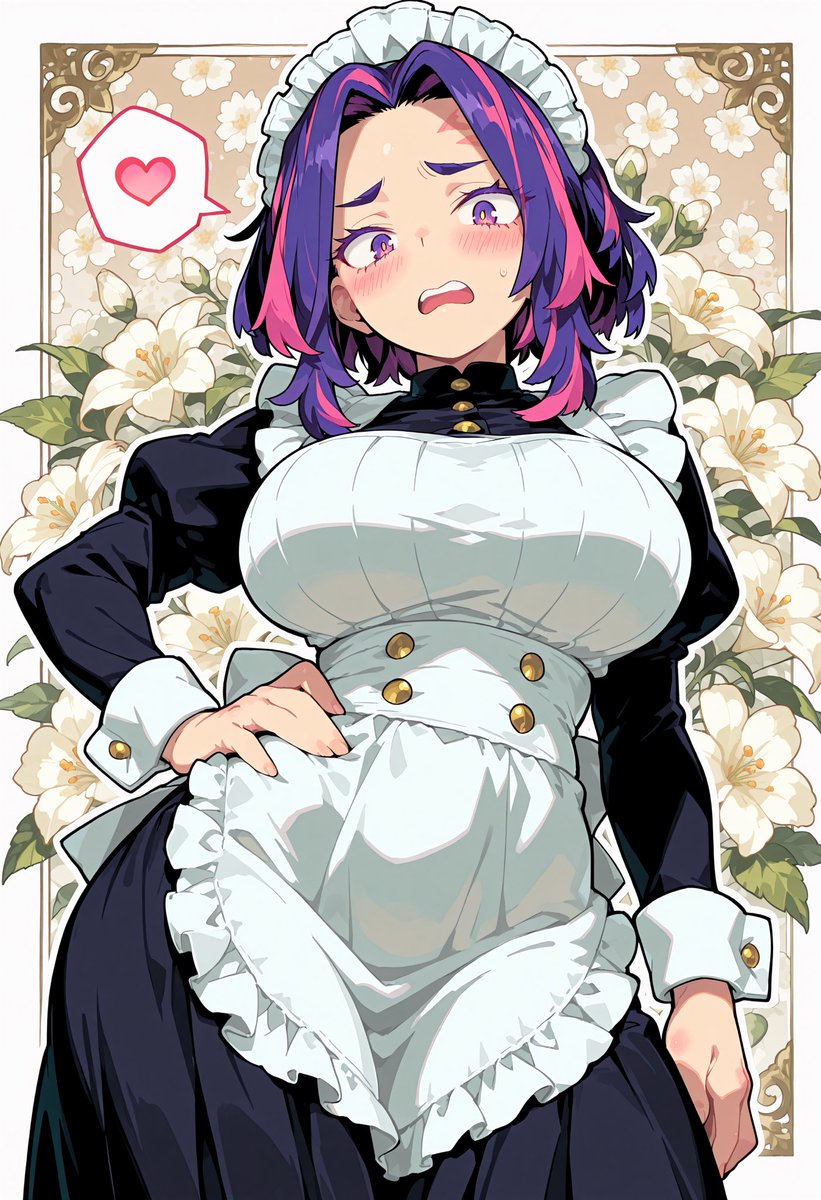 OGIN_21's tweet image. みなさん♪今日も一日お疲れ様でした🥰💕
長い一週間でした。。疲れたぁ😣💦
夜はゆっくり休みながら生成するぞー！😆🩷

メイドコスチュームのレディ・ナガンさん💕

#AIイラスト