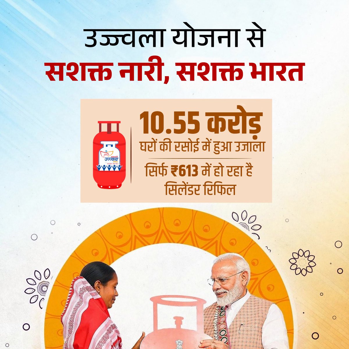 उज्ज्वला योजना से घर-घर में ख़ुशहाली ✨

सशक्त नारी, सशक्त भारत के प्रण के साथ माननीय प्रधानमंत्री श्री @NarendraModi जी ने 10.55 करोड़ परिवारों तक स्वच्छ ईंधन पहुंचाकर महिलाओं का जीवन आसान, स्वस्थ और सुरक्षित कीया है।

सिर्फ ₹613 में सिलेंडर रिफिल—गरीब परिवारों के लिए बड़ी
