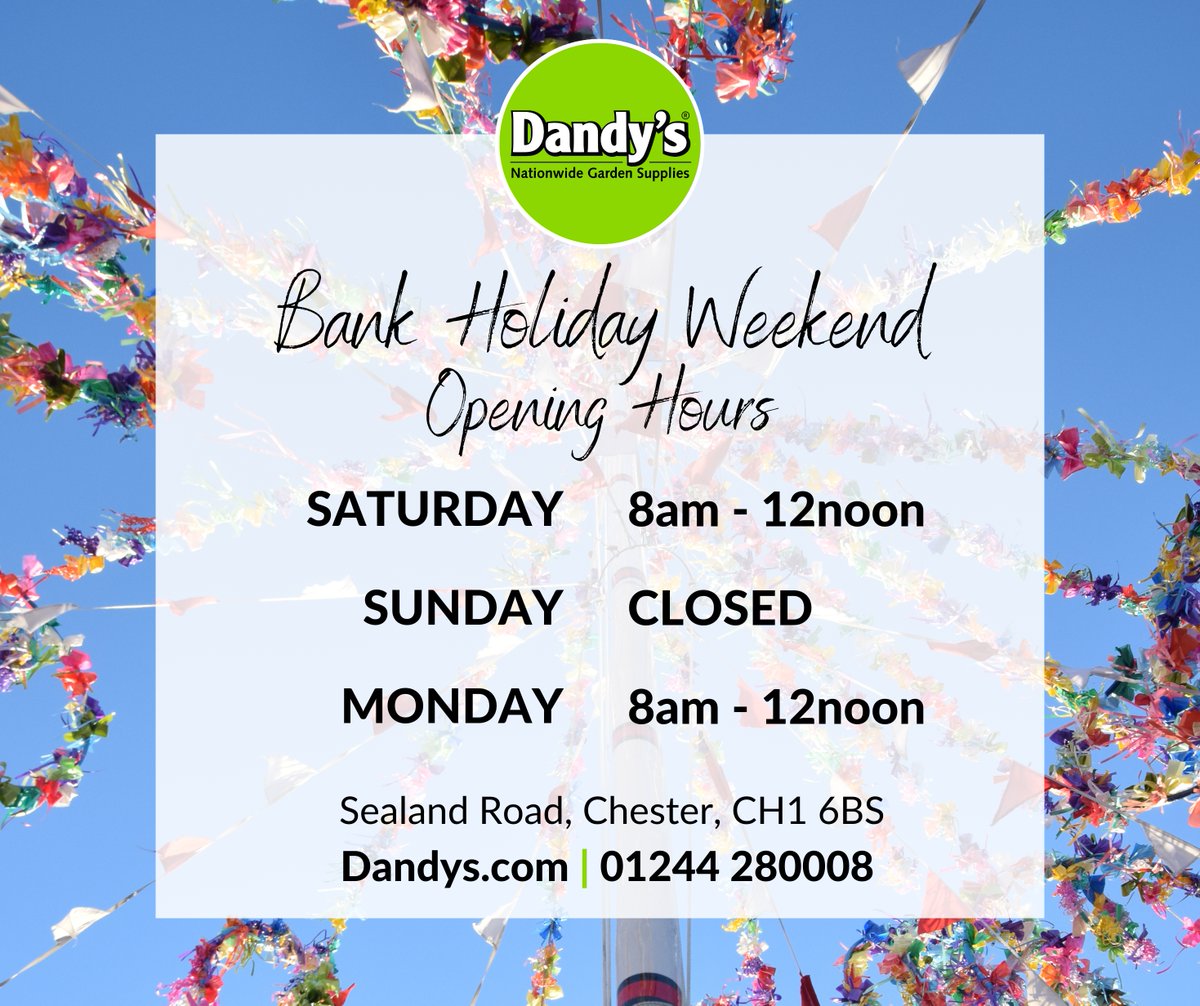 DandysTopsoil's tweet image. We're open this Bank Holiday Weekend! 💚🌸

Check out our amazing multi-buy offers, browse products, pick up samples or place your home delivery - Dandy's, Sealand Road, Chester, CH1 6BS.

🌸 Dandys.com
🌱 01244 280008

#BANKHOLIDAY #OFFER #WEEKEND #LONGWEEKEND