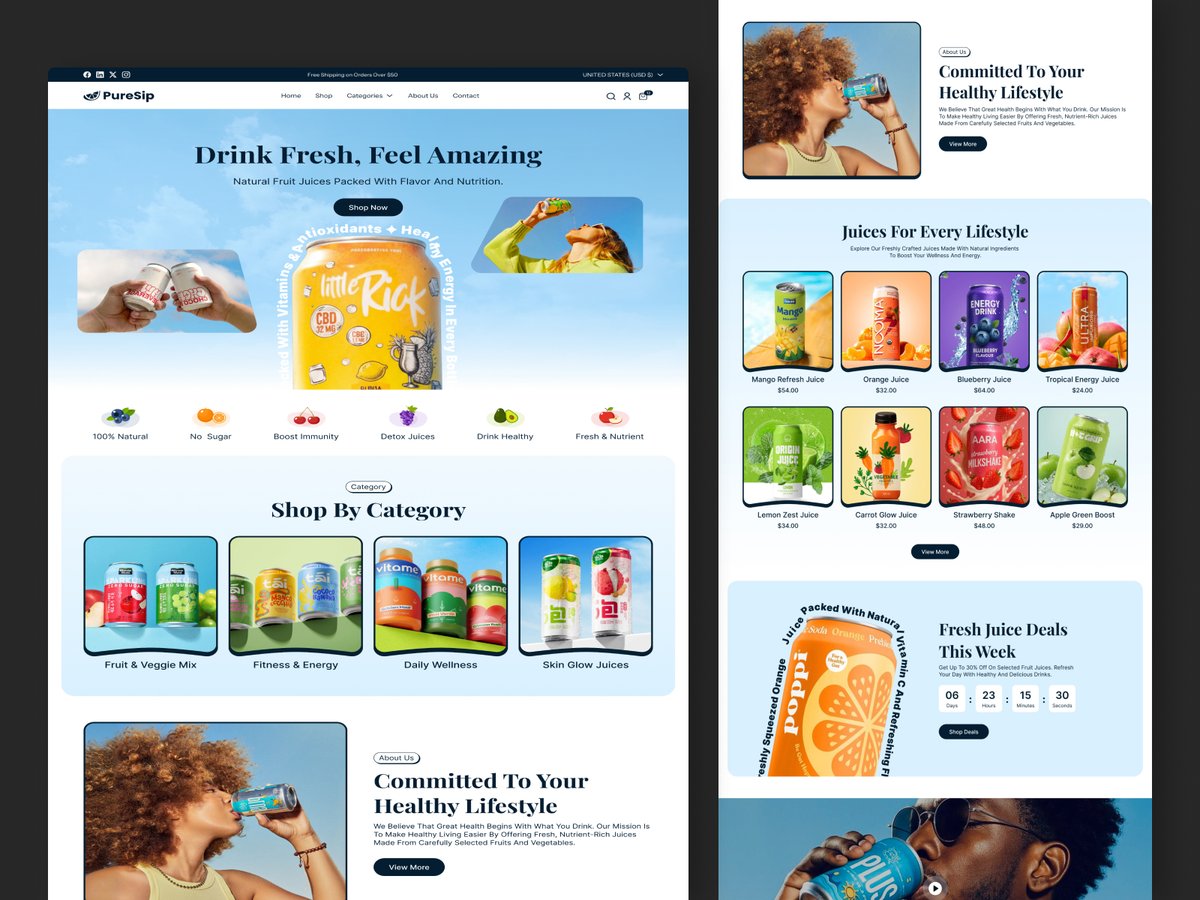 moonspiredesign's tweet image. People don’t buy drinks.
They buy how it makes them feel.
PureSip Shopify experience designed to convert.

Fresh. Clean. Intentional.

#Shopify #UXDesign #UIDesign #Ecommerce #Branding #Design
