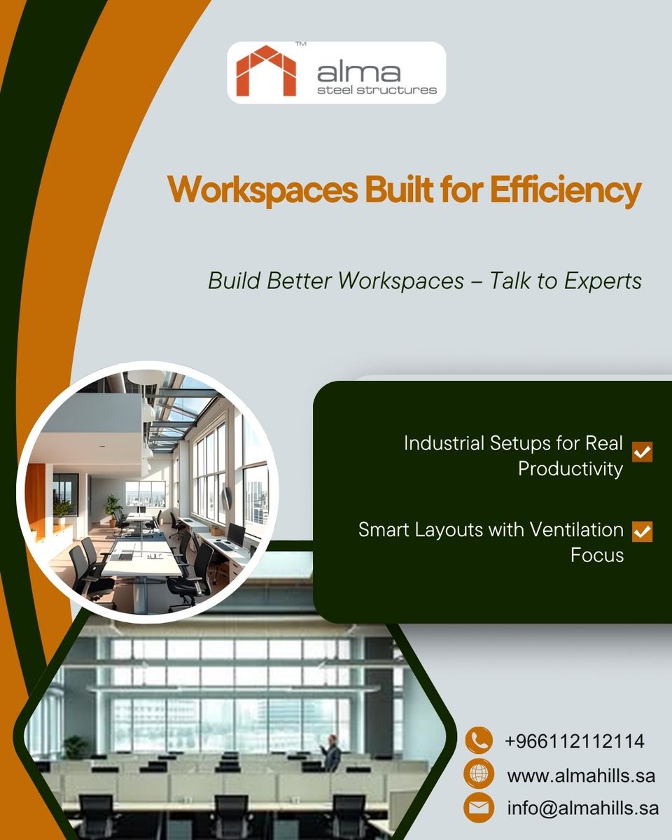 Alma__Steel's tweet image. Build smarter. Work better. Grow faster.
At Alma Steel Structures, we design workspaces that don’t just look good—they perform. 
📞 +966112112114
🌐 almahills.sa

#WorkspaceDesign #IndustrialSolutions #SmartOffices #ProductivityBoost #SteelStructures #ModernWorkspaces