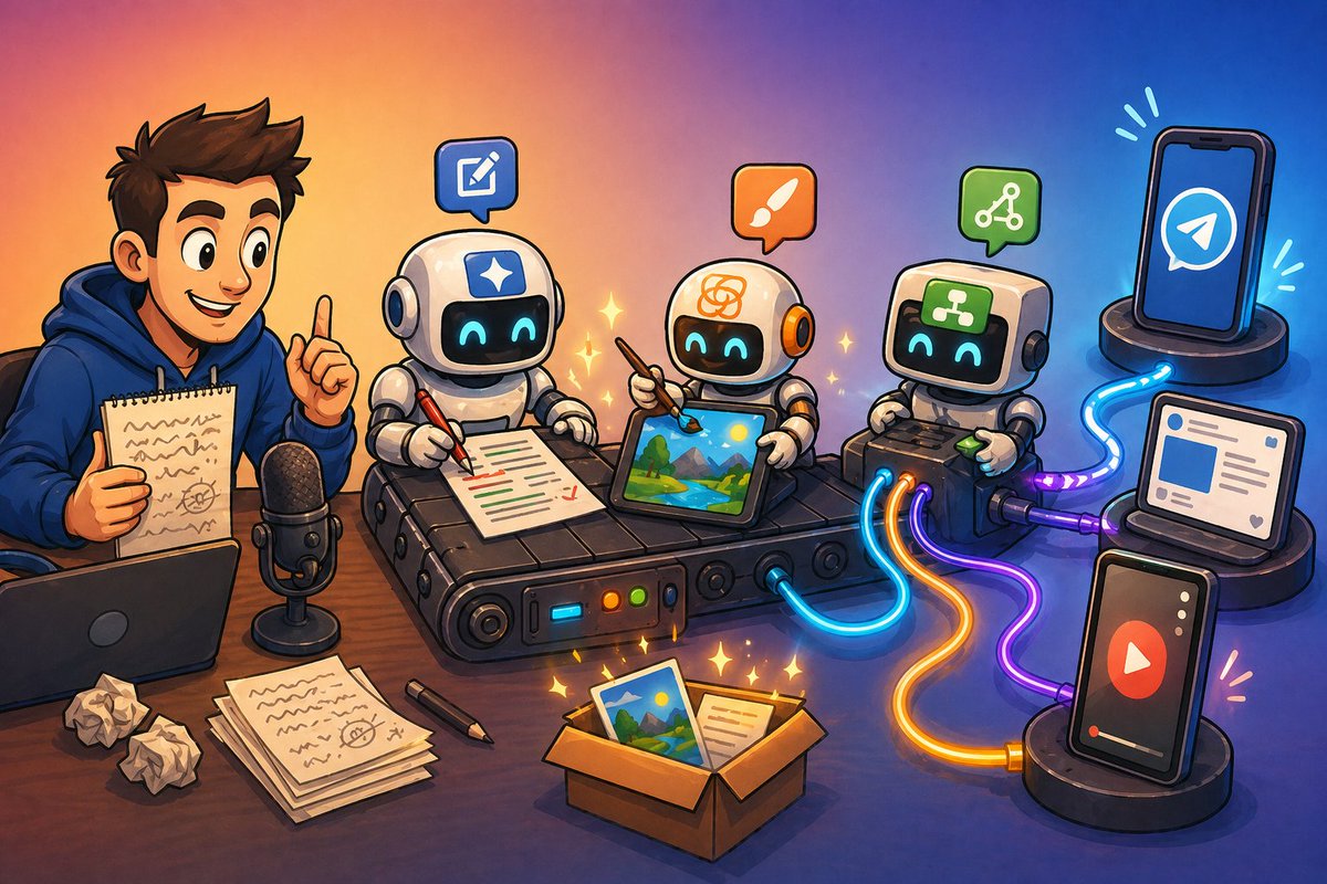 ExponentDefi's tweet photo. How I automated my content production with Claude Code 🤖

Quick disclaimer: I write the Telegram posts myself. The idea, the structure, the meaning - all me. Claude Code only fixes typos, smooths the style, sprinkles emoji and tightens the text so it reads cleanly.

Telegram is my primary channel. I want to grow there and put real thought into it, not turn it into AI slop.

Here is how the pipeline works.

Telegram 🛠
I dictate the draft into VSCode through Whispr Flow. Claude Code cleans it up. Codex sits next to it in the same VSCode and generates the image. Control goes back to Claude, which posts everything to the channel via Telethon.

Twitter 🐦
Fully automated. It takes my Telegram post, translates it to English, reformats for X, strips external links (the algorithm hates them) and publishes through the API. I do not touch this step.

YouTube Shorts 📱
A short version is built from the same Telegram post. Voiceover via ElevenLabs API, video assembly in Remotion. Same image across all three platforms. The Shorts still look pretty rough, but I try to improve something with every iteration.

Twitter and Shorts are more of an experiment for me. I want to see how far modern AI tools can go if you hand them an entire channel.

Prediction Digest 🔭
A separate side project. Every morning at 9:00 sharp it pushes a digest from the Polymarket and UMA Discord servers: bugs, fixes, clarifications, contested markets. Fully automatic on both Telegram and X.

I originally built it for myself - I run trading bots on Polymarket and needed to spot bugs and threats early enough to shut the bots down. Then I realized it was useful beyond me and opened it to the public: @predictdigest

The whole content production and publishing system is about 90% written by Claude Code. A few evenings of work, and now it saves me hours every week.

Next experiment is a similar pipeline for my wife. She runs an Instagram blog with 40k followers and needs help with scripts, video production and recurring content series. I want to adapt the system for her workflow and see how it lands.

If this nudges anyone to try vibe coding and build something of their own, useful to themselves or to others, I will be glad.

Questions in replies, happy to discuss. If you have your own automation setups for content production and publishing, share them too.