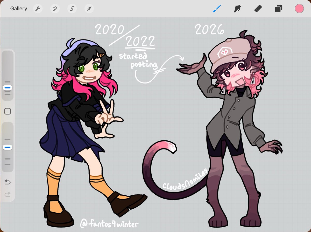 Just opened twt for the first time in a FAT min to find out today (technically yesterday for when I finished the drawing) is my 6 year anniversary being on twt 😭

So I just drew my old sona with my current one to show the 6 difference