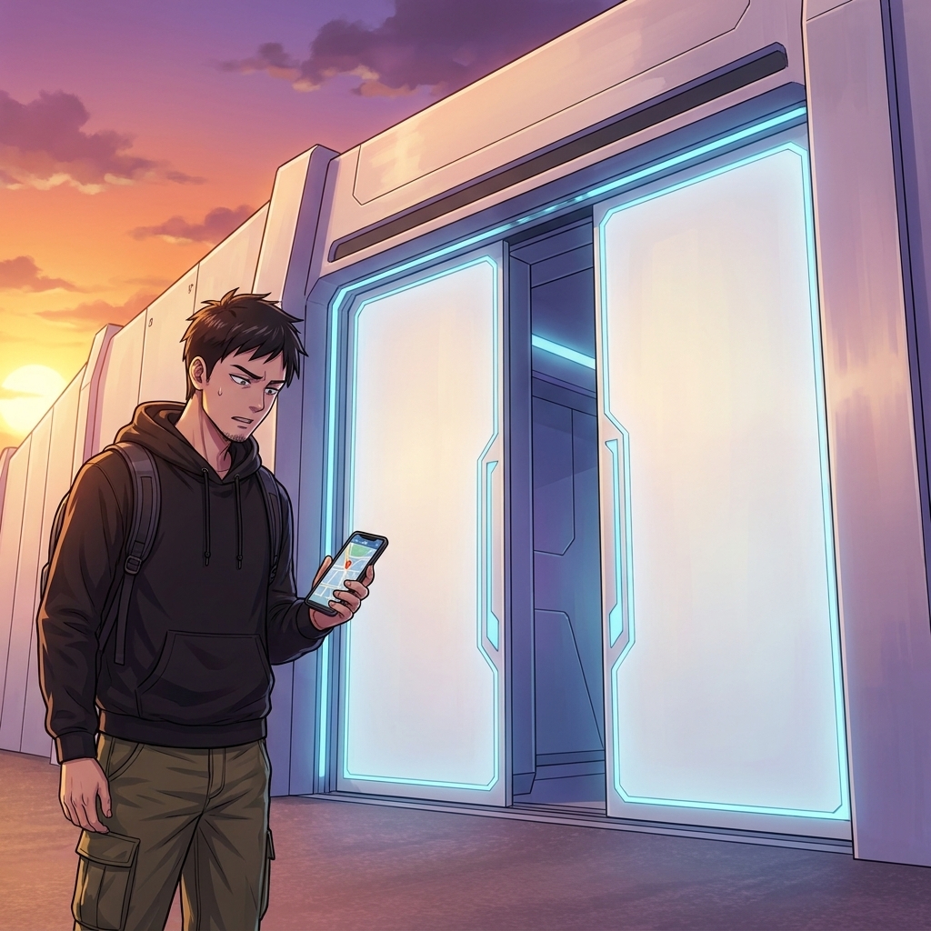 triangle_chain's tweet image. 第1話：国立競技場が消えた日

国立競技場が、本当に消えていた。

カイはスマホのマップを縮小し、もう一度開き直した。たしかにここに、巨大な銀の輪があったはずだった。今、目の前にあるのは、街区全部を覆う乳白色の壁と、そこに開いた幅五メートルのゲートだった。

「センダガヤ・ネスト