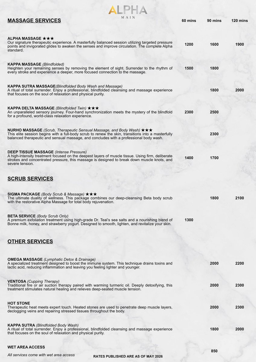 massage_alpha's tweet photo. NEW SERVICES AND PUBLISHED RATES FOR #AlphaMAIN ONLY ๐ณ๏ธโ๐
Same service menu for #AlphaSOUTH #AlphaEAST #AlphaCEBU and #AlphaPAMPANGA ๐ฏ
All massage service comes with:
UNLIMITED USE OF WET AREA FACILITIES AND FREE DRINKS AT THE LOUNGE ๐ธ
Walk-ins are always welcome โฅ๏ธ https://t.co/LO2WO3rGph
