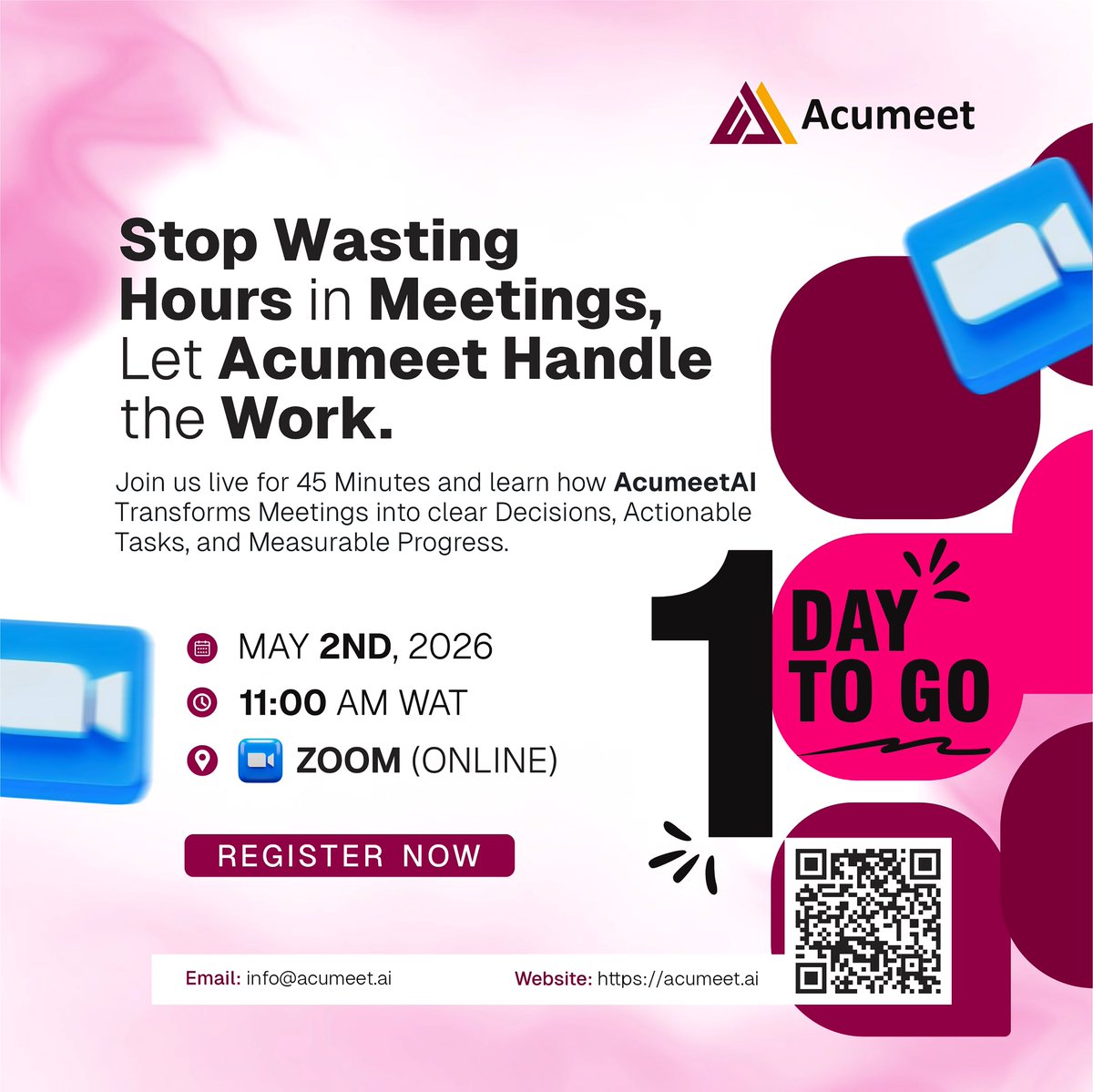 AcumeetAi's tweet image. 🔥 1 DAY TO GO

Tomorrow is the day.

Join us LIVE to discover how smarter teams use AcumeetAI to run more productive meetings.

📅 Tomorrow | 11:00 AM (WAT)
📍 Zoom

Last chance to save your spot: acumeet.ai/webinar/ 

#AcumeetAI 
#1DayToGo 
#Webinar