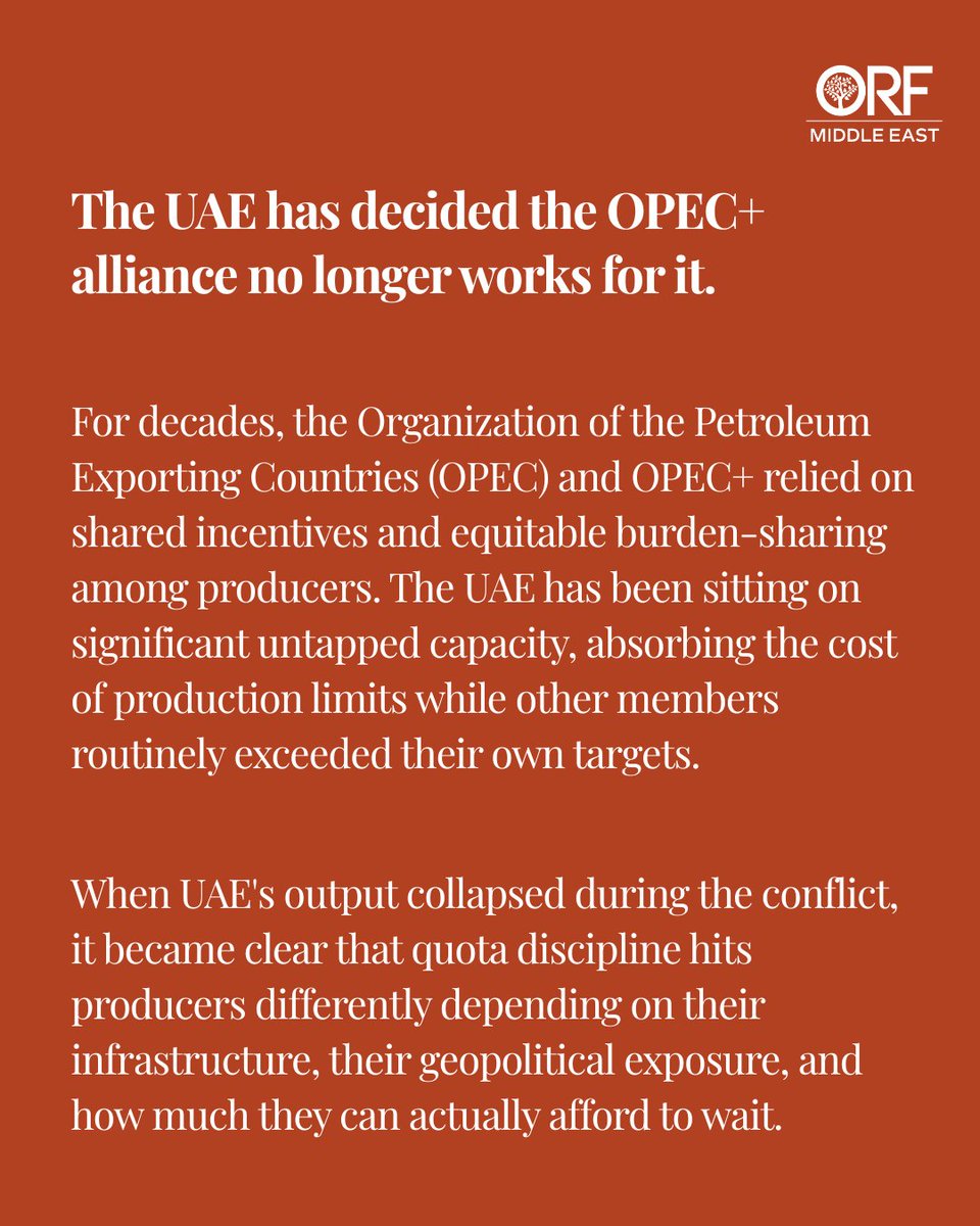orfmiddleeast's tweet image. In our latest Commentary, @mannat_jaspal explains why #AbuDhabi's departure signals a deeper fracture in global #energy governance and what it means for the #producers left behind.