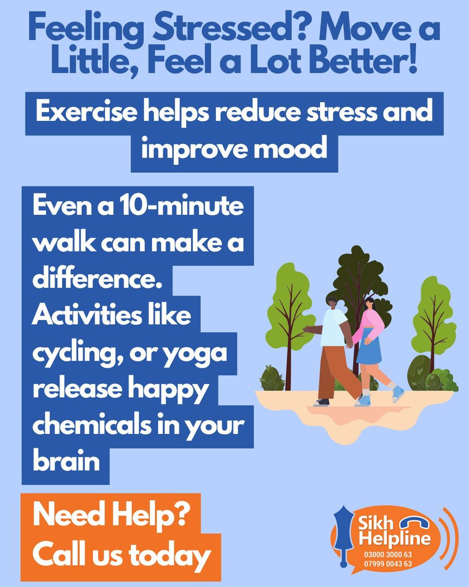 SikhHelpLine's tweet image. Feeling stressed? Move a little 💙

Even a short walk can boost your mood and clear your mind 🌿

Start small. It all counts.
And if you need support, we’re here 🤝

📞 03000 3000 63
📞 07999 0043 63

#StressRelief #StayActive #MentalHealth #Wellbeing