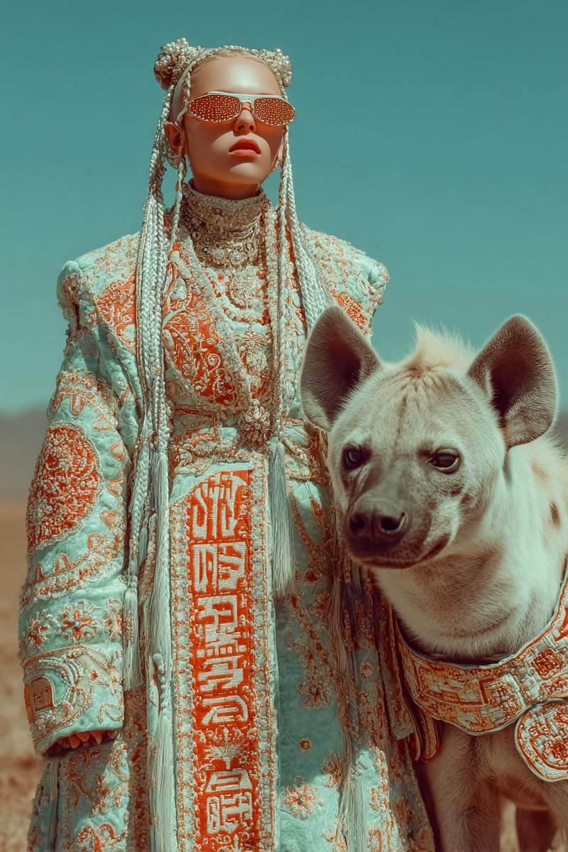 phokuinc's tweet photo. Guardian beasts and geometric gowns.
A dynasty reborn in chrome light and desert heat. #CyberAesthetic #NeoFuturism #MythicFuture https://t.co/Gaj44xUcCC