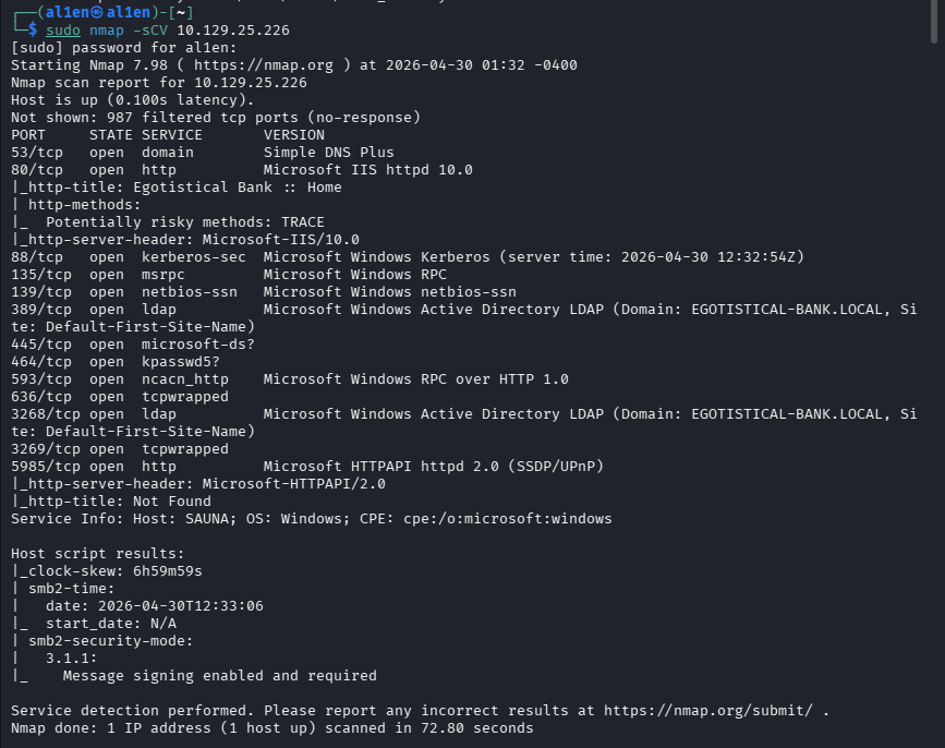 al1enr00t's tweet image. Nmap scan. Classic AD fingerprint.

53 → DNS
88 → Kerberos
389 → LDAP
445 → SMB
5985 → WinRM
80 → Egotistical Bank website

Domain: EGOTISTICAL-BANK.LOCAL
Host: SAUNA

Port 80 was screaming for attention. 👇

#HackTheBox #Nmap #Recon #WindowsAD #Kerberos #LDAP