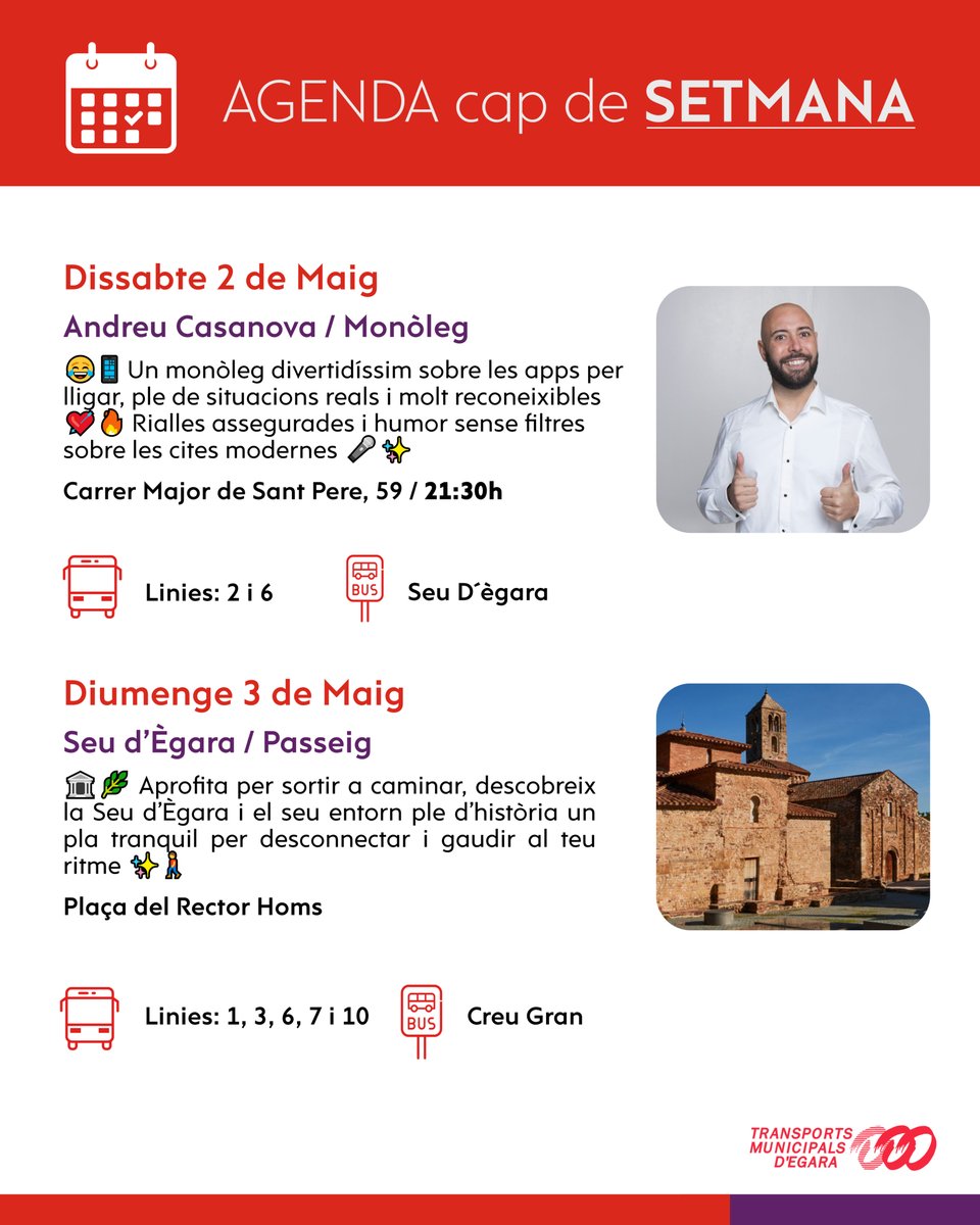 tmesa_bus's tweet photo. 😂🎤 Humor i plans tranquils! Gaudeix d’un monòleg ple de rialles i desconnecta amb un passeig per la Seu d’Ègara 🏛️🌿 Cultura i oci per viure el cap de setmana al teu ritme 🚍✨ #BusTerrassa #TMESA #Cultura #Terrassa #CapDeSetmana https://t.co/S44YsmqZHP