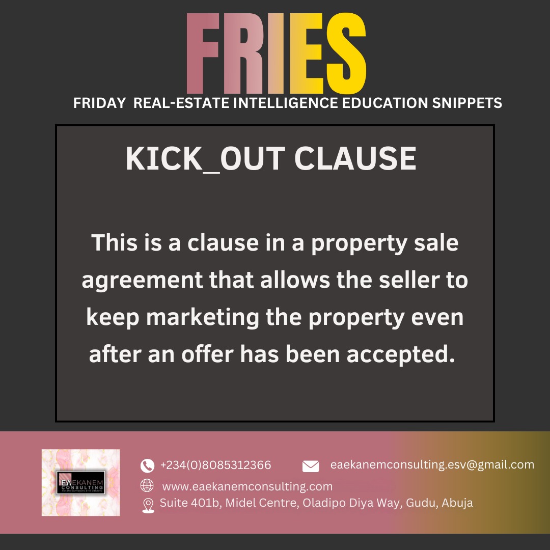 EA_Ekanem's tweet image. Kick-Out Clauses:
*   For Sellers: Provides a safety net, ensuring you aren't stuck waiting on a deal that might fall through.
*   For Buyers: Allows you to make an offer even if your funds are currently tied up, giving you a foot in the door.

#EAEC #FRIES #RealEstateContracts