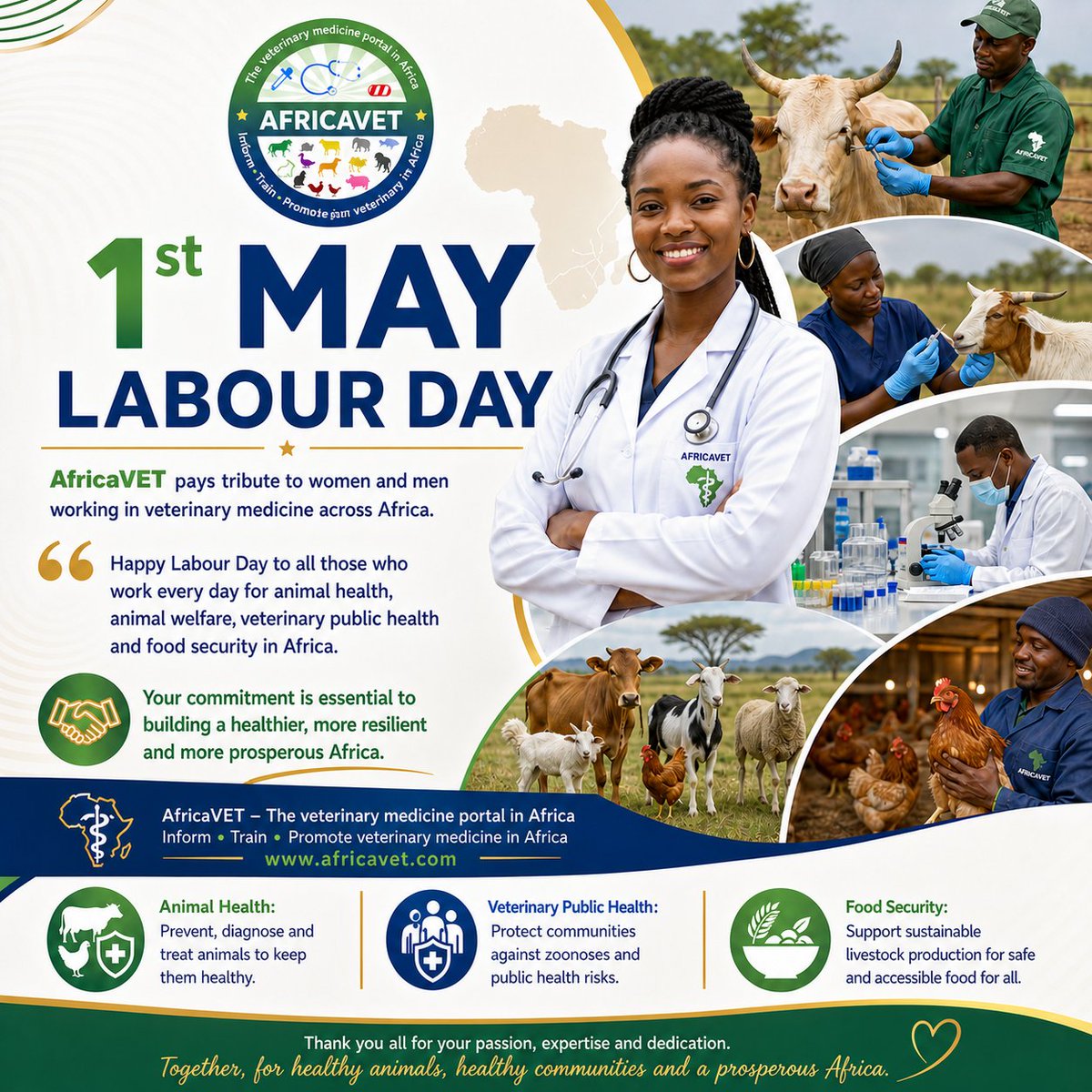 africavet's tweet image. 🌍 1st May – Labour Day

@africavet pays tribute to the women and men working in veterinary medicine across Africa: veterinarians, technicians, animal health workers, inspectors and vaccinators.

Thank you for your commitment.

#AfricaVET #1stMay #Veterinarians #OneHealth