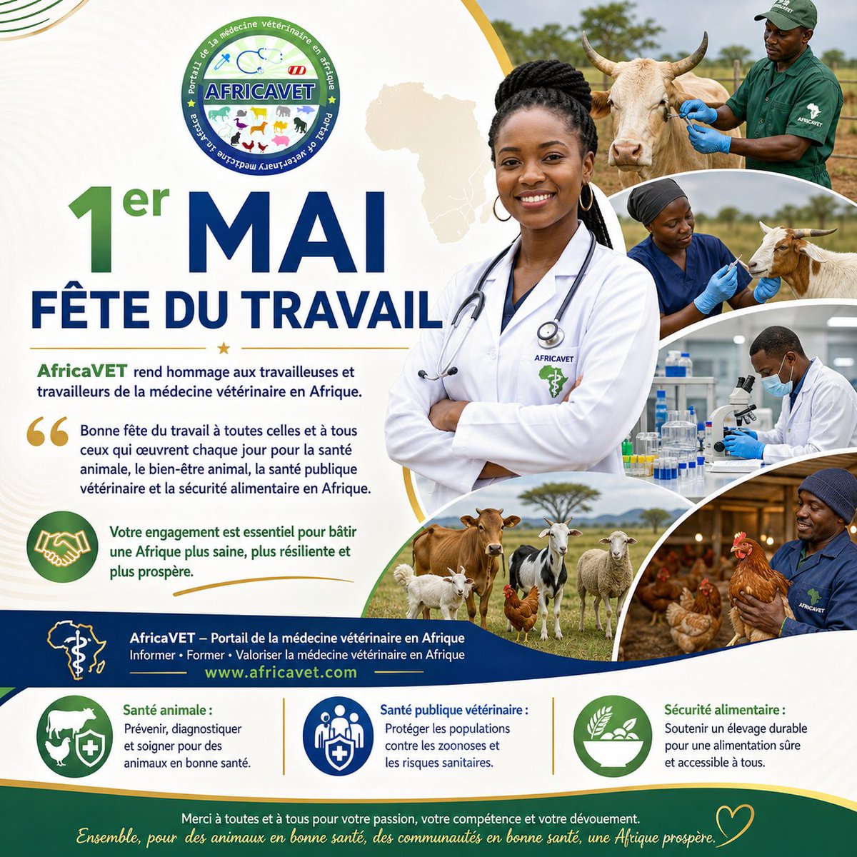 africavet's tweet image. 🌍 1st May – Labour Day

@africavet pays tribute to the women and men working in veterinary medicine across Africa: veterinarians, technicians, animal health workers, inspectors and vaccinators.

Thank you for your commitment.

#AfricaVET #1stMay #Veterinarians #OneHealth