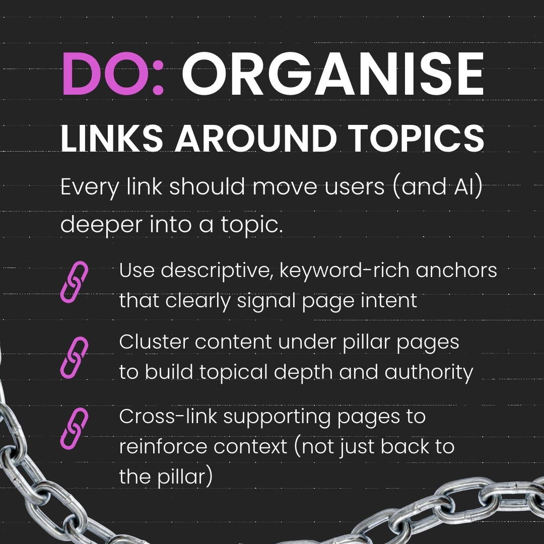 GeekyTechGeeks's tweet photo. Want your content to rank higher and get cited by AI?

✅ DO organise links around topics
✅ DO link to your authority signals (case studies, data, expert bios)
❌ DON’T use generic or keyword-stuffed anchors like “click here”
❌ DON’T link randomly without topical relevance https://t.co/n7Givv1LyR