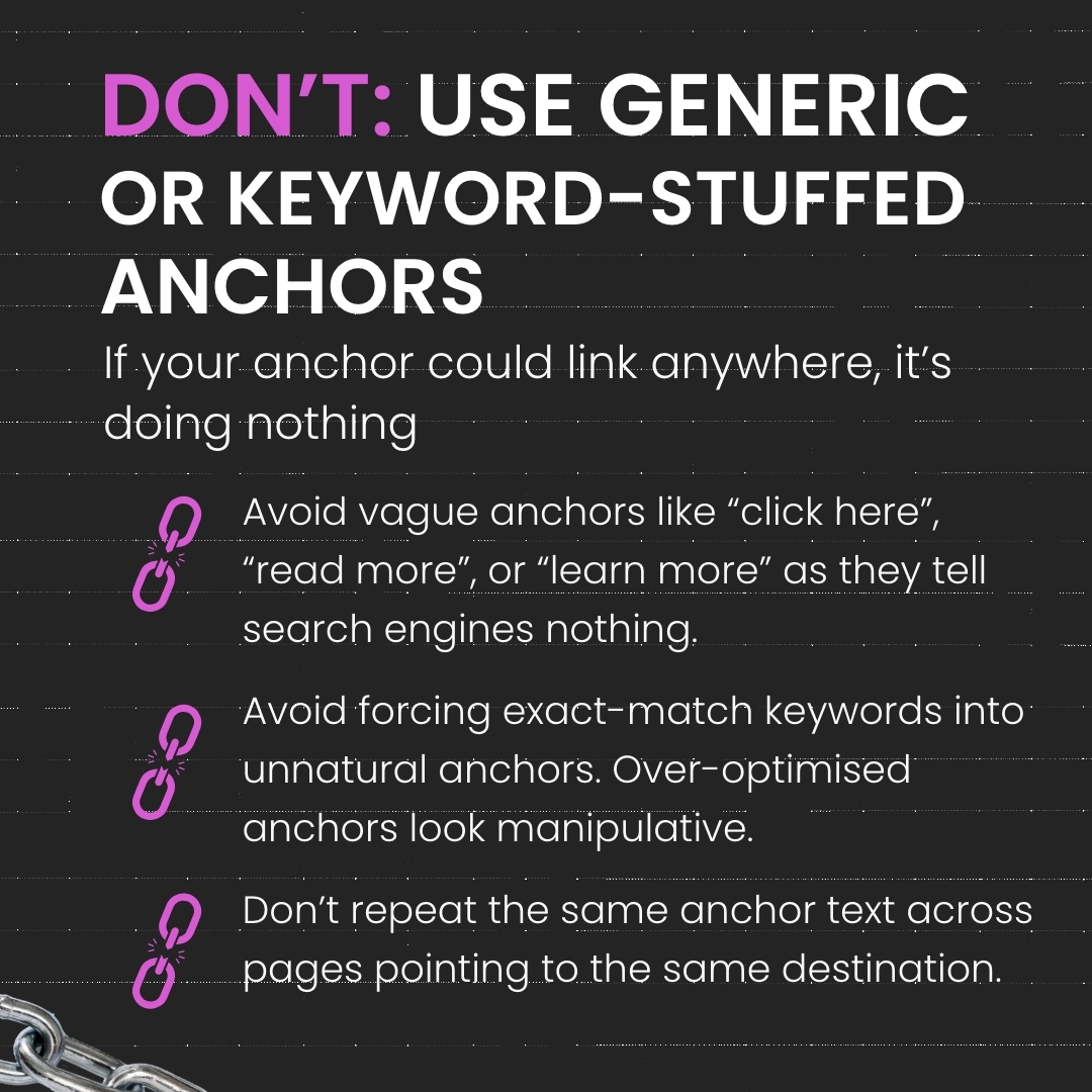 GeekyTechGeeks's tweet photo. Want your content to rank higher and get cited by AI?

✅ DO organise links around topics
✅ DO link to your authority signals (case studies, data, expert bios)
❌ DON’T use generic or keyword-stuffed anchors like “click here”
❌ DON’T link randomly without topical relevance https://t.co/n7Givv1LyR