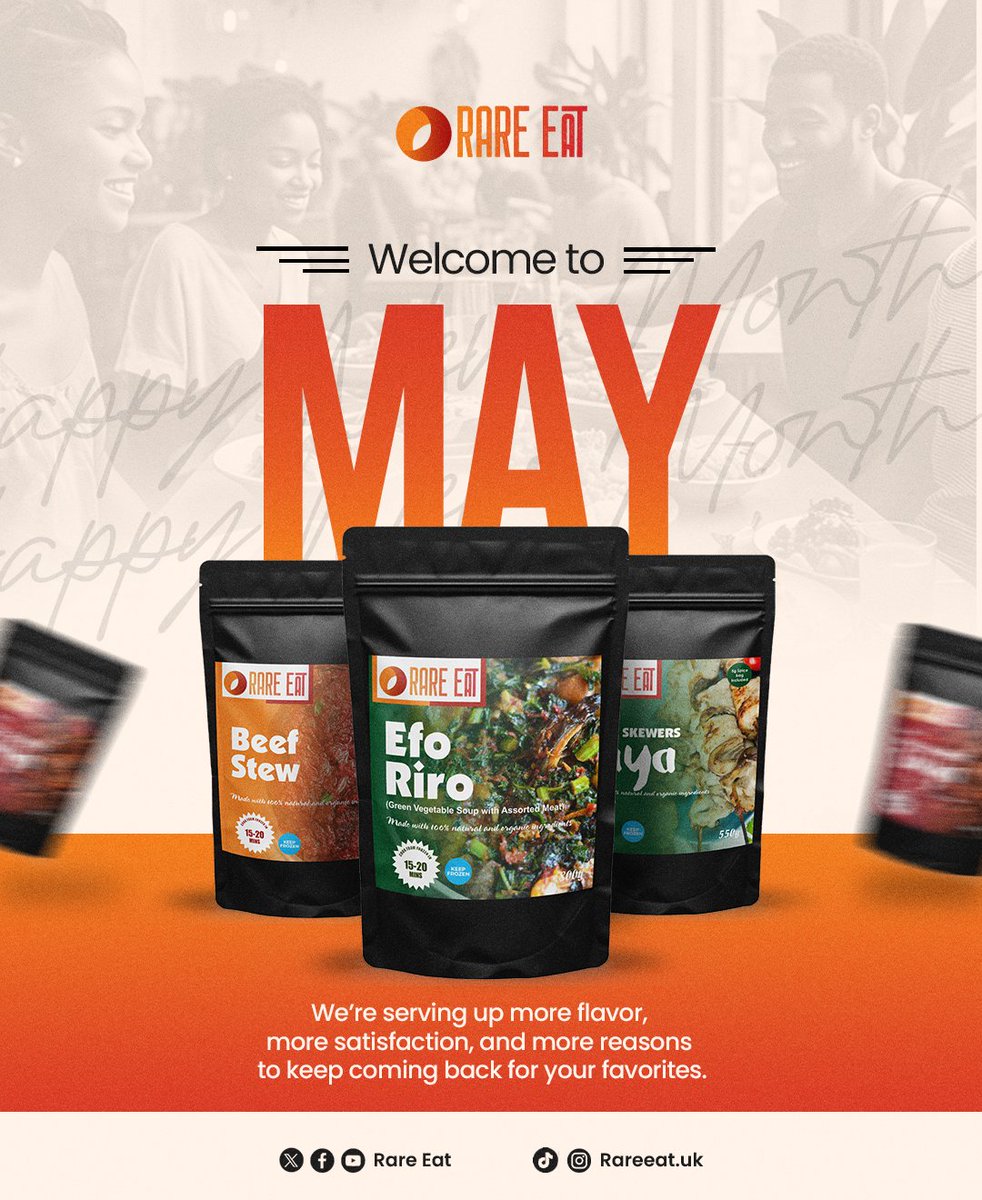 Rare_Eat's tweet photo. Welcome to May, where convenience meets proper flavour. Busy, but still want meals that feel like home?
• Beef Stew
• Efo Riro
• Suya Skewers

No hassle. Just heat, serve &amp; enjoy
What’s on your plate this May?
https://t.co/kFJtDFJpTa
Eat better, even on a schedule.

#RareEat https://t.co/pDRPJF7P9t