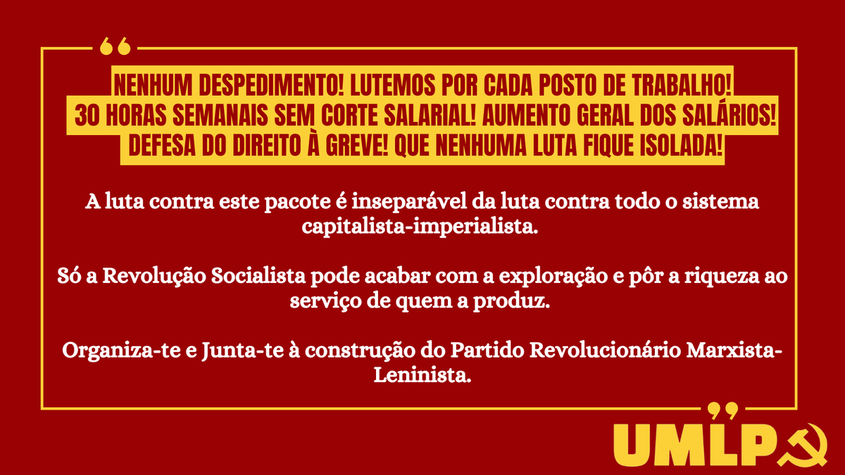 UMLP_PT's tweet photo. NENHUM DESPEDIMENTO! 
LUTEMOS POR CADA POSTO DE TRABALHO!

30 HORAS SEMANAIS SEM CORTE SALARIAL! AUMENTO GERAL DOS SALÁRIOS!

DEFESA DO DIREITO À GREVE! 
QUE NENHUMA LUTA FIQUE ISOLADA!

VIVA O 1º DE MAIO VERMELHO! 
A REBELIÃO É JUSTIFICADA! https://t.co/w1krCsbJyR