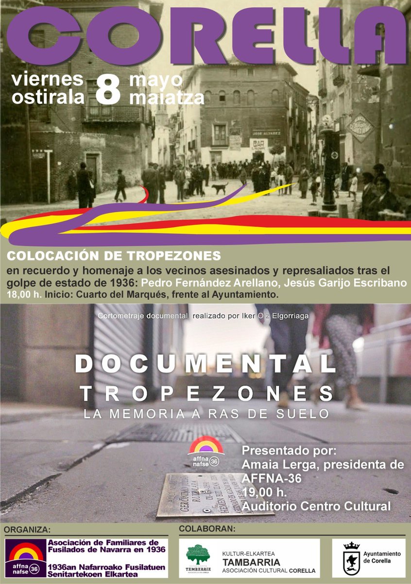 Corella_Memoria's tweet photo. 🌹Maiatzak 8 Mayo, Corella
➡️18:00 Colocación de dos nuevos “tropezones” en homenaje a Pedro Fernández Arellano y Jesús Garijo Escribano
📍Cuarto del Marqués (Ayuntamiento)
➡️19:00 Documental Tropezones. La memoria a ras de suelo (Amaia Lerga, AFFNA-36)
📍Centro Cultural
#navarra https://t.co/JZQAfarlYa