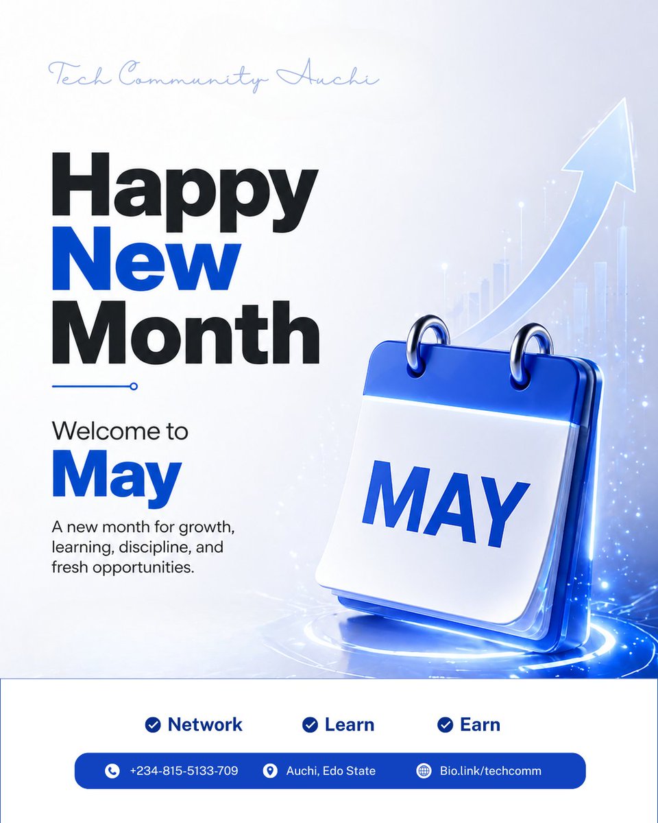 TechComAuchi's tweet photo. Happy New Month 

Welcome to May — a fresh month to learn, grow, and level up your skills.

New goals, new opportunities, and new wins await you. Stay focused, stay consistent, and keep building your future in tech.

Let’s make May productive and impactful together 💡💻 https://t.co/V5VdA7YR1U
