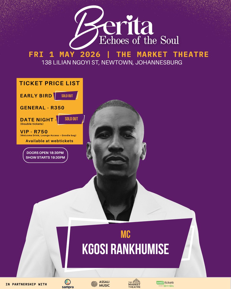 BeritaAfroSoul's tweet photo. Our host with the most!ย
Seeย you tonight. The Market Theatre. Doors open at 18:00
GET YOUR TICKET: https://t.co/mOSa1Pghiz
@OfficialSAMPRAย
#LoveTheBeatPayForPlay #ltbpfp #BeritaEchoesOfTheSoul https://t.co/qbT8fvj30r