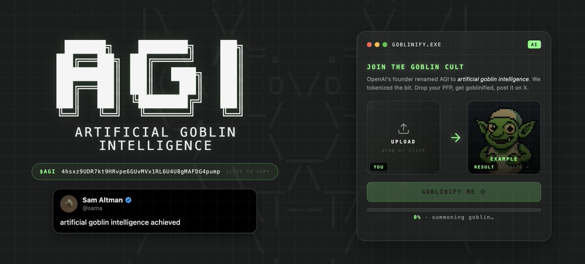 gum_xbt's tweet photo. hey @a1lon9 @json1444 let's get my motion back and support a new $100 milli marketcap meme.

@sama mentioned that AGI (artificial goblin intelligence) is here. 

so i've decided to create a cult to make the trenches BELIEVE instead of JEET again.

the goblin cult is growing & we got a PFP generator on our website. 

LLM 2025
AGI 2026 

@himgajria @Yennii56 @Ga__ke @fomomofosol @crypto_bitlord7 @jackduval 

4hsxz9UDR7kt9HRvpe6GUvMVx1RL6U4U8gMAFDG4pump