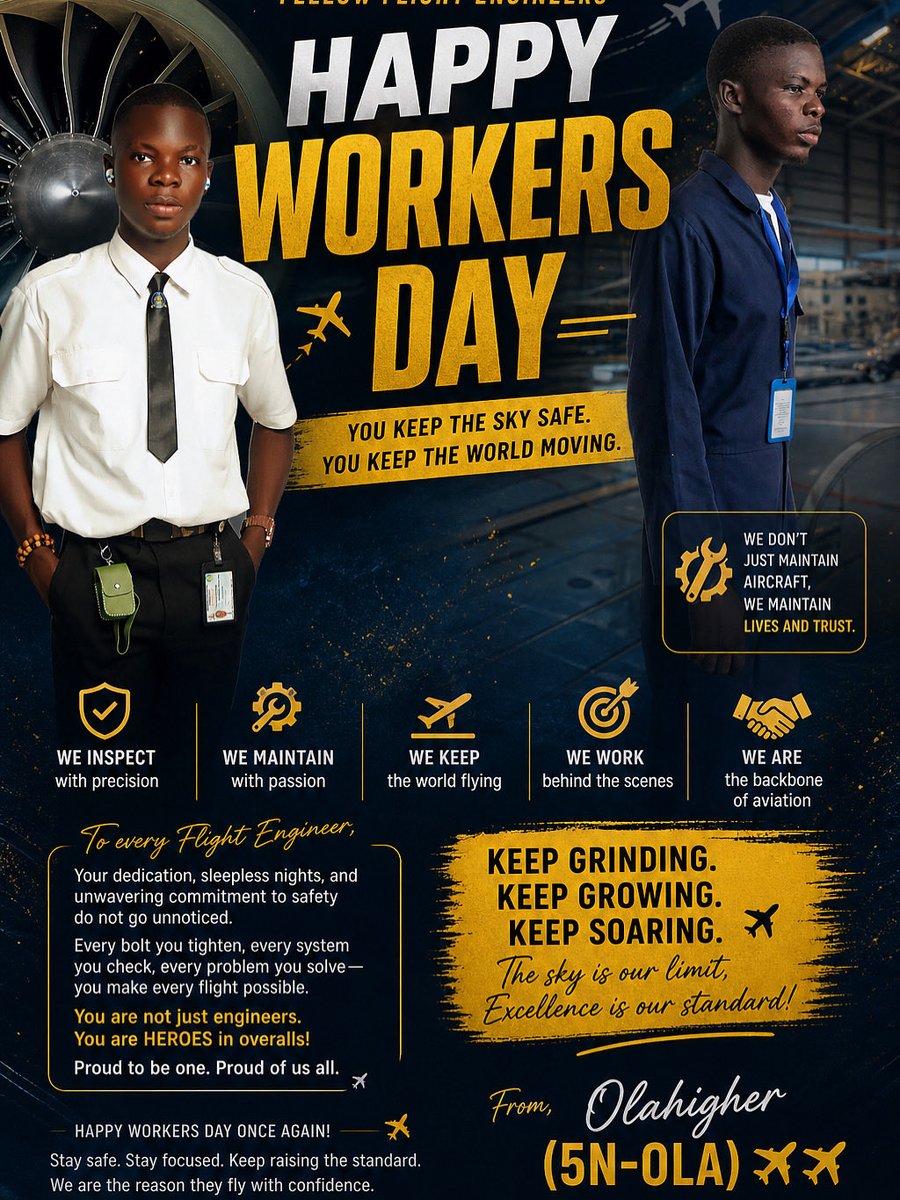 olahigher's tweet photo. Happy Workers’ Day ✈️
Precision. Discipline. Responsibility.
That’s the life of a Flight Engineer.
Stay focused. Stay sharp. Stay flying.
— Olahigher (5N-OLA) https://t.co/xuCO166rP1