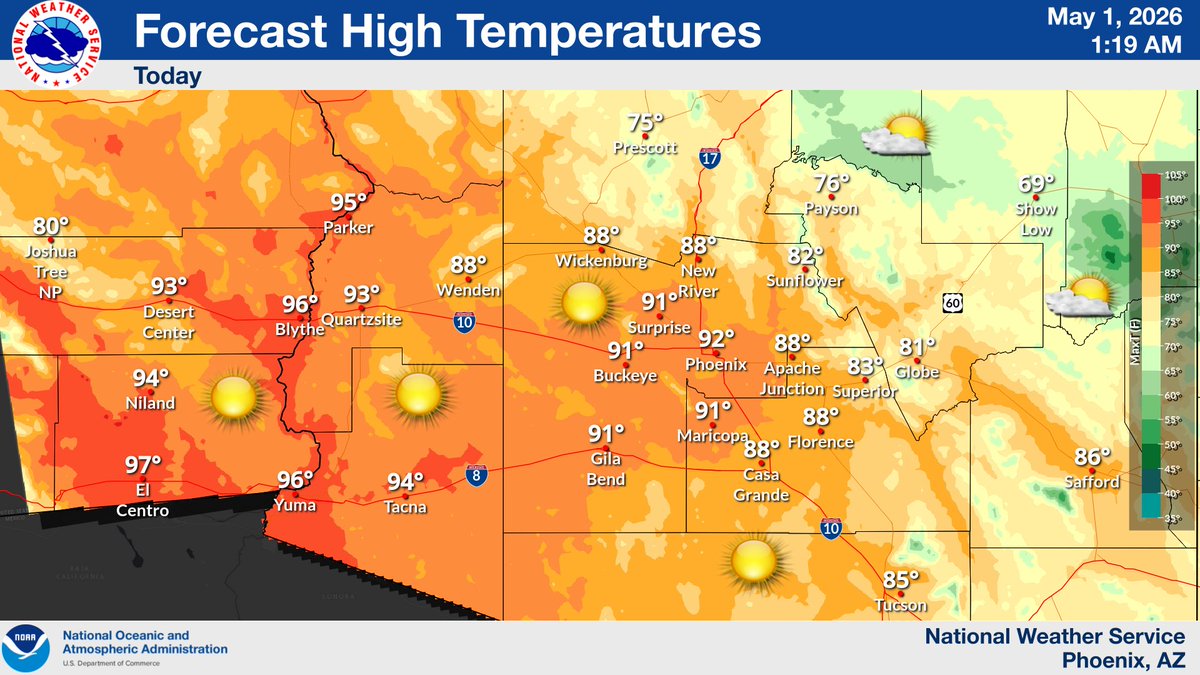 NWSPhoenix's tweet image. Tranquil weather conditions with mostly clear skies and generally light winds can be expected today with afternoon high temperatures across most of the lower desert communities topping out in the low to mid 90s. #azwx #cawx